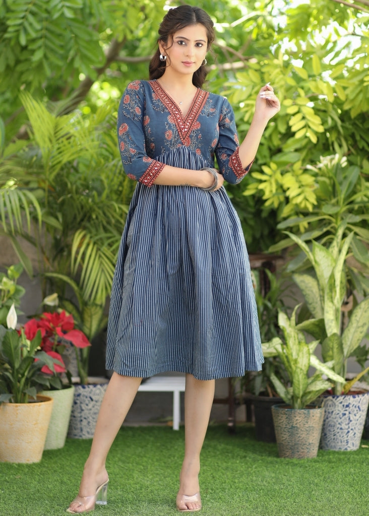 Classy Indigo and Ajrakh V-Neck Fit and Flare Dress