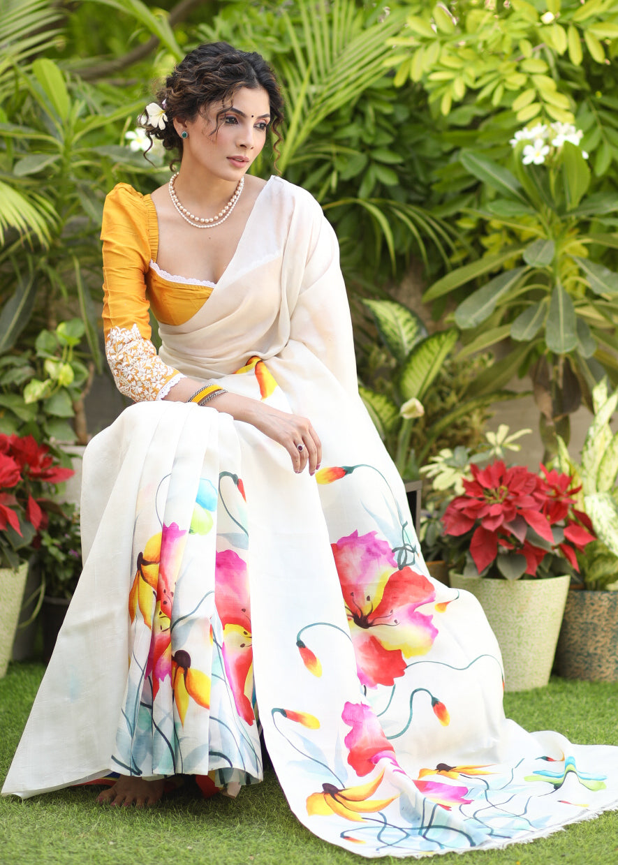 Lustrous White Pure Silk Hand Painted Saree with Floral Motif