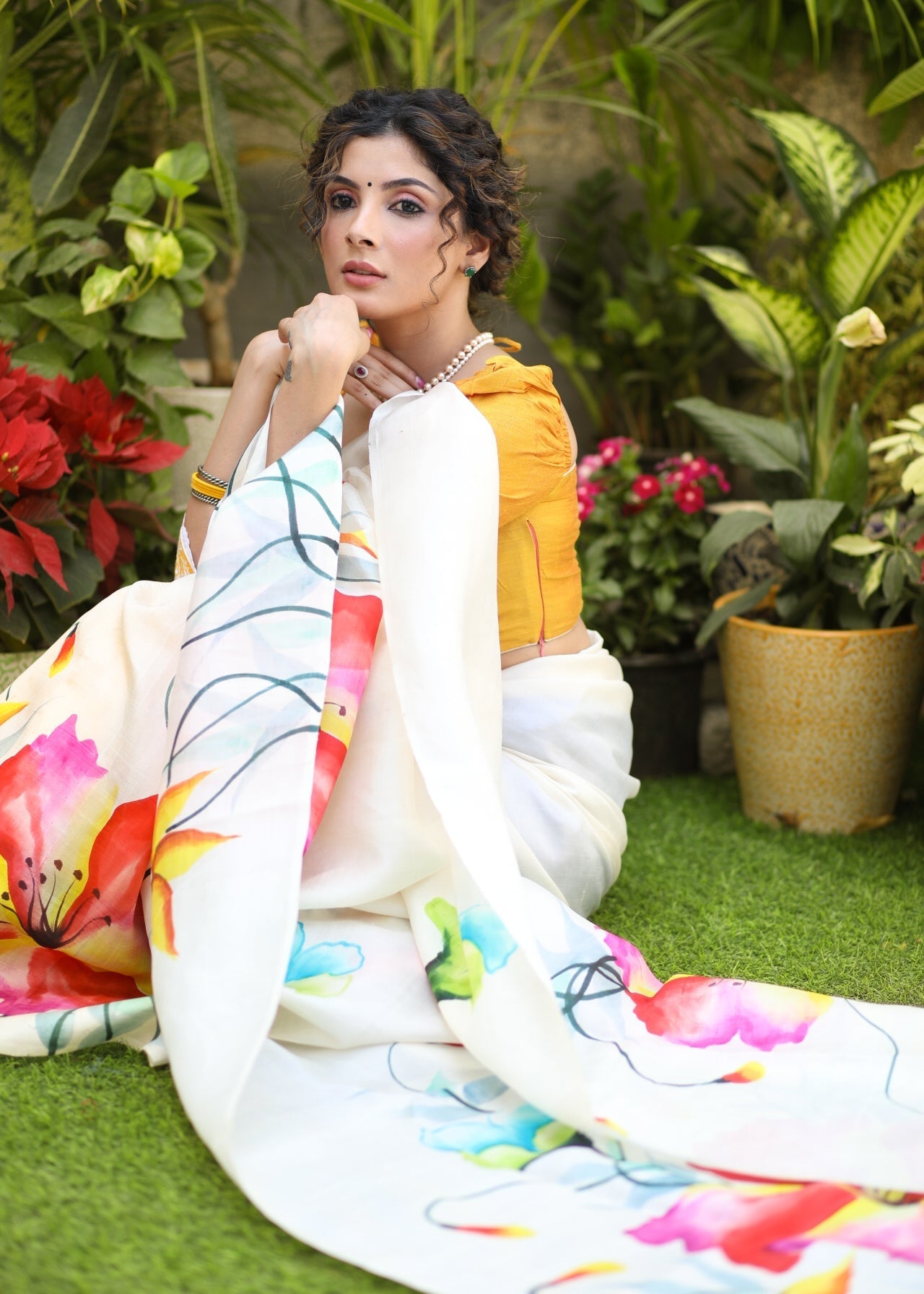 Lustrous White Pure Silk Hand Painted Blouse with Floral Motif