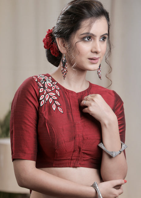 Maroon Cotton Silk Blouse With lining and Exclusiv e Front and Back Embroidery and Bow.Lining Given