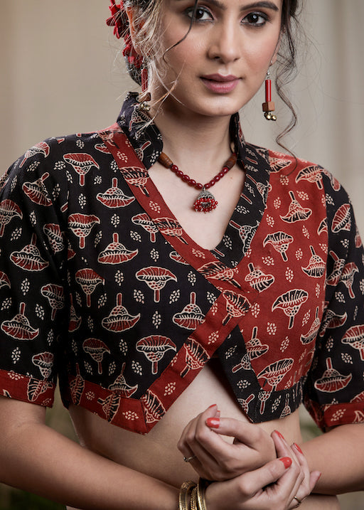 Chemisier élégant en coton, combinaison rouge et noir, motif Ajrakh