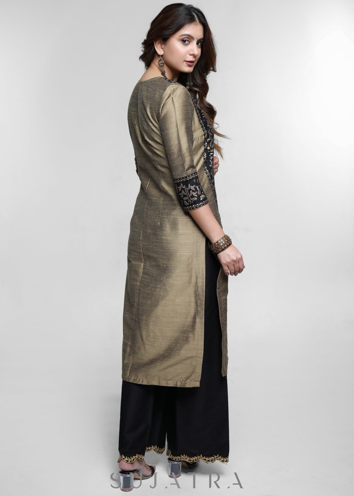 Dark Beige Cotton Silk Kurta with Warli print-Pant Optional