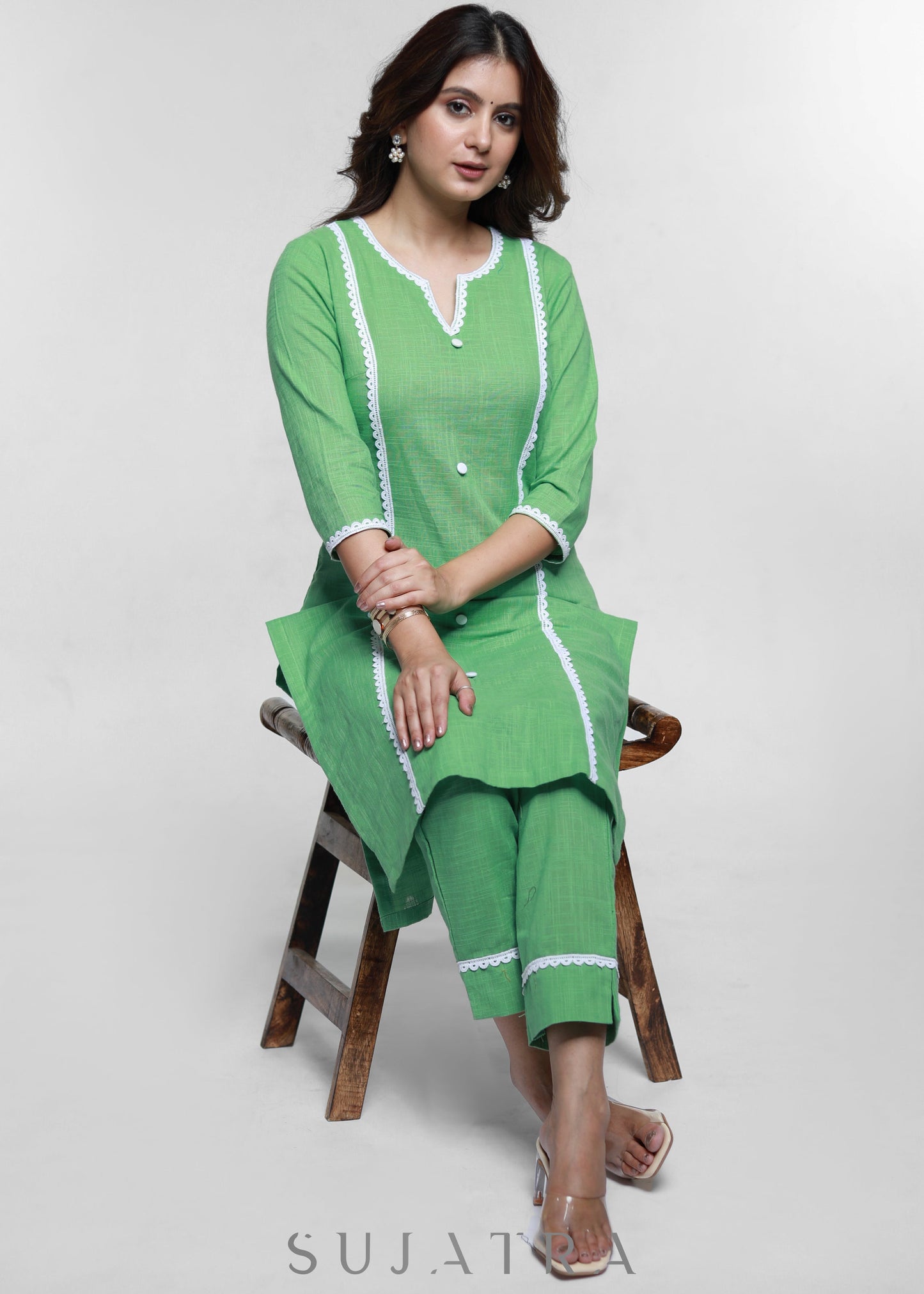 Pista Colour Cotton Kurta with Laces-Pant Optional