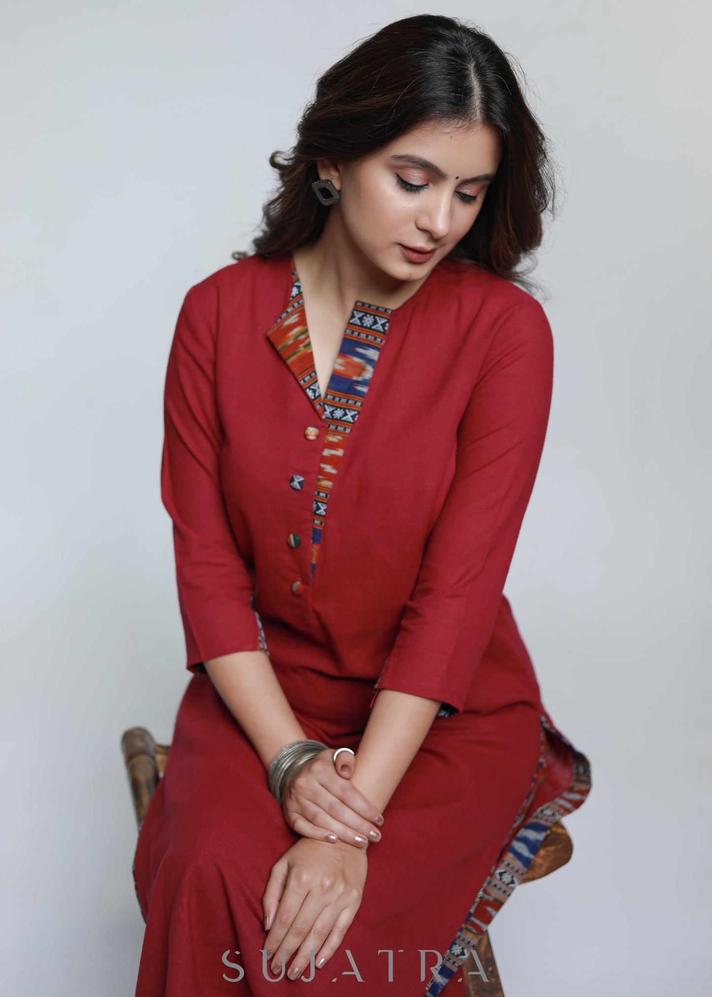 Wine Cotton Ikat Straight Kurta-Pant Optional