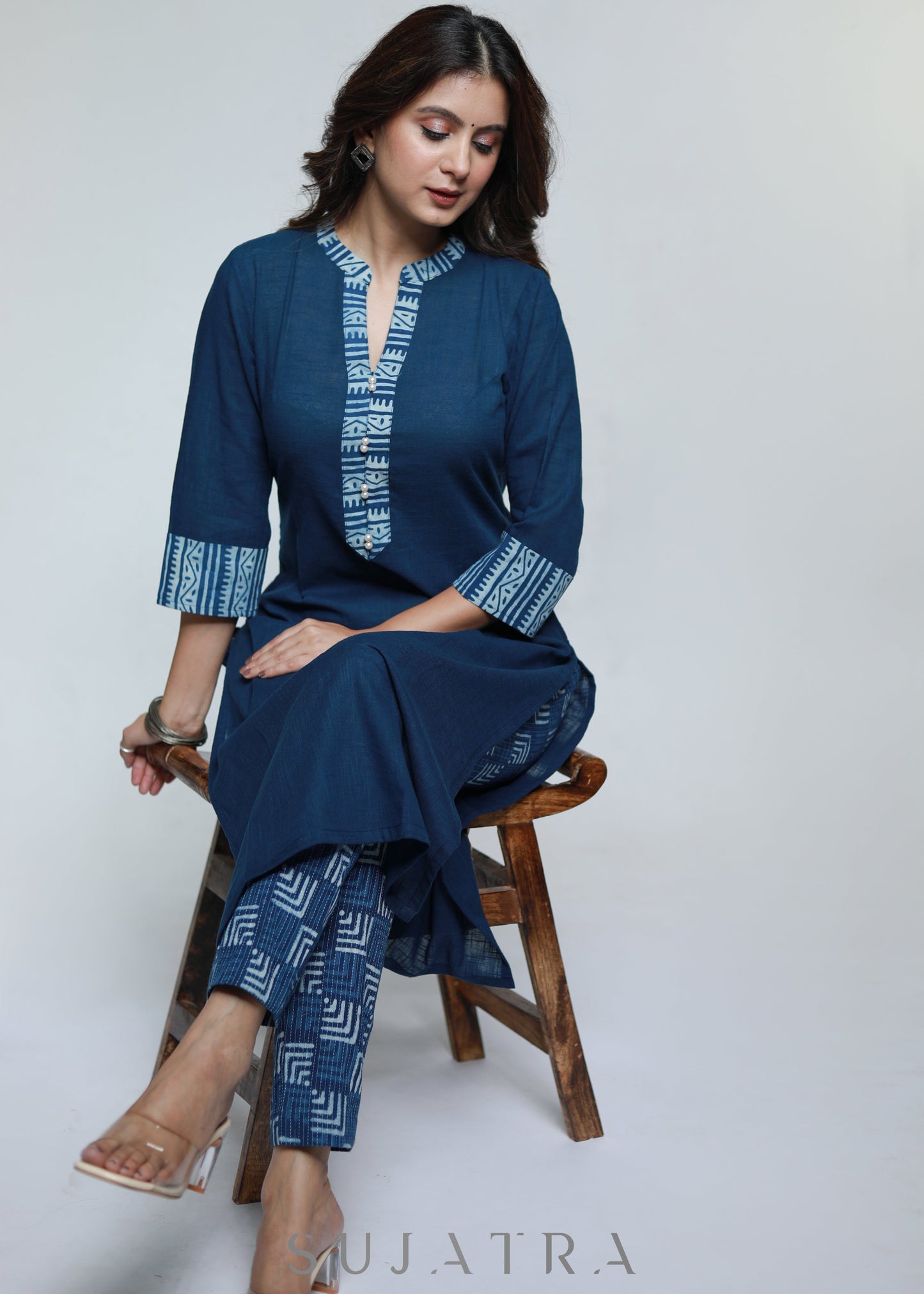 Navy Blue Cotton Indigo Combination Kurta-Pant Optional