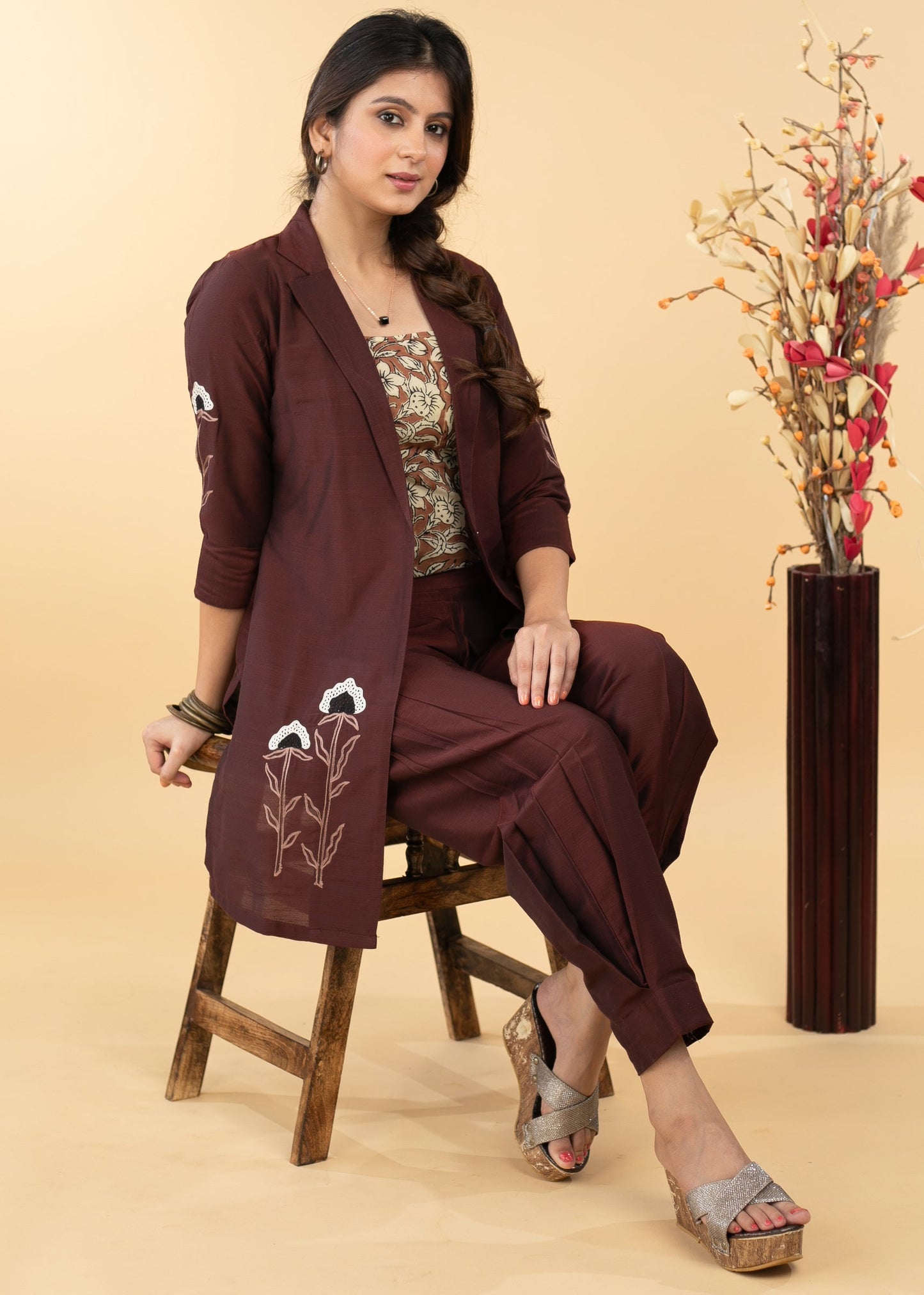 Embroidered Coffee Brown Cotton Silk Evening Jacket