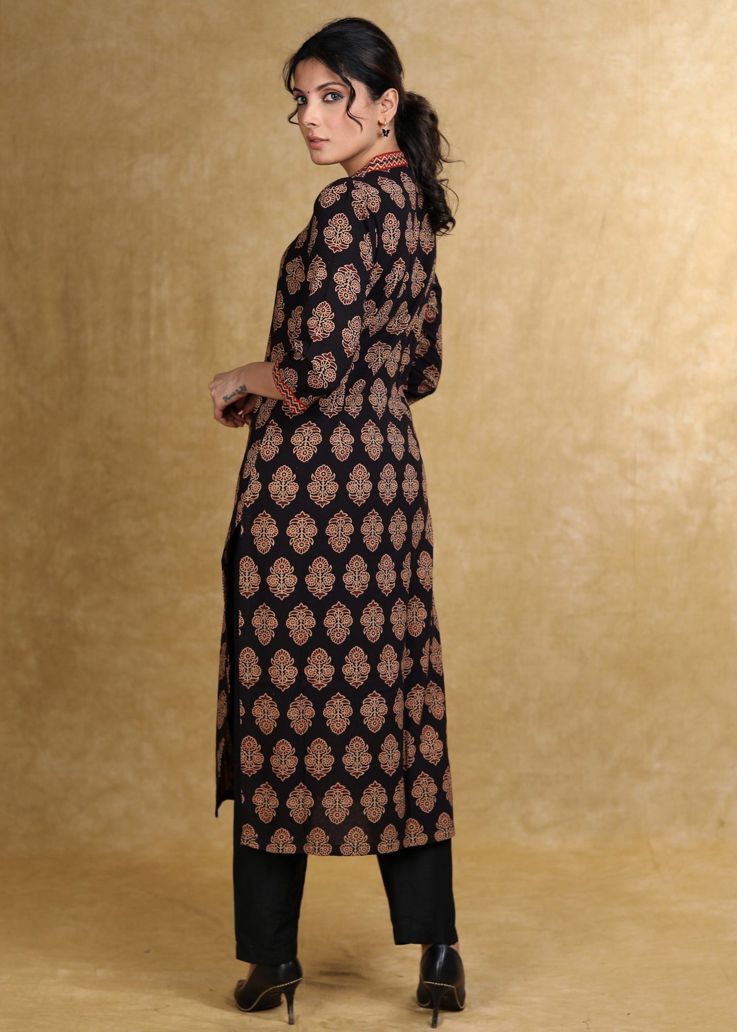 Black Floral Ajrakh V-Neck Kurta
