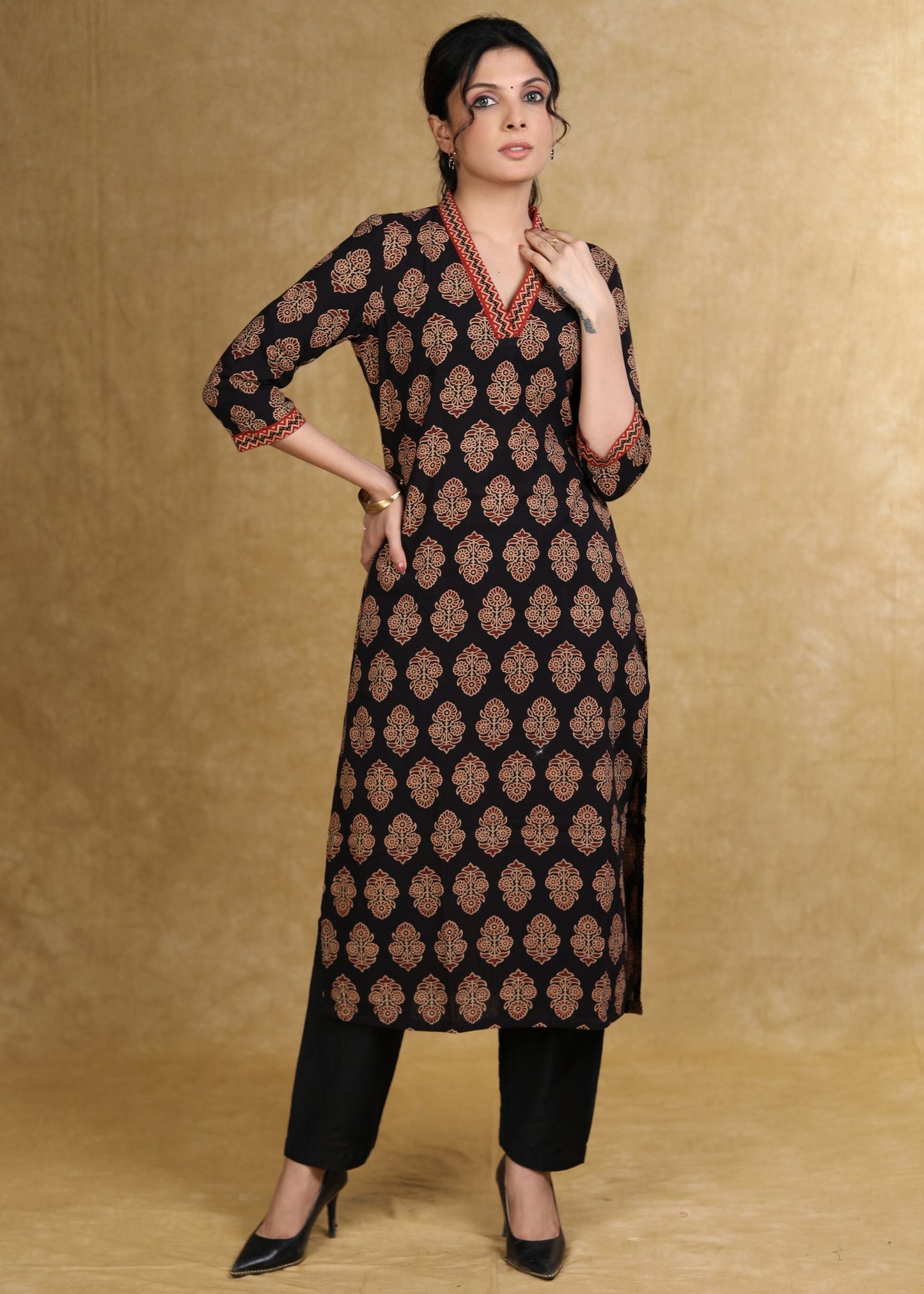 Black Floral Ajrakh V-Neck Kurta