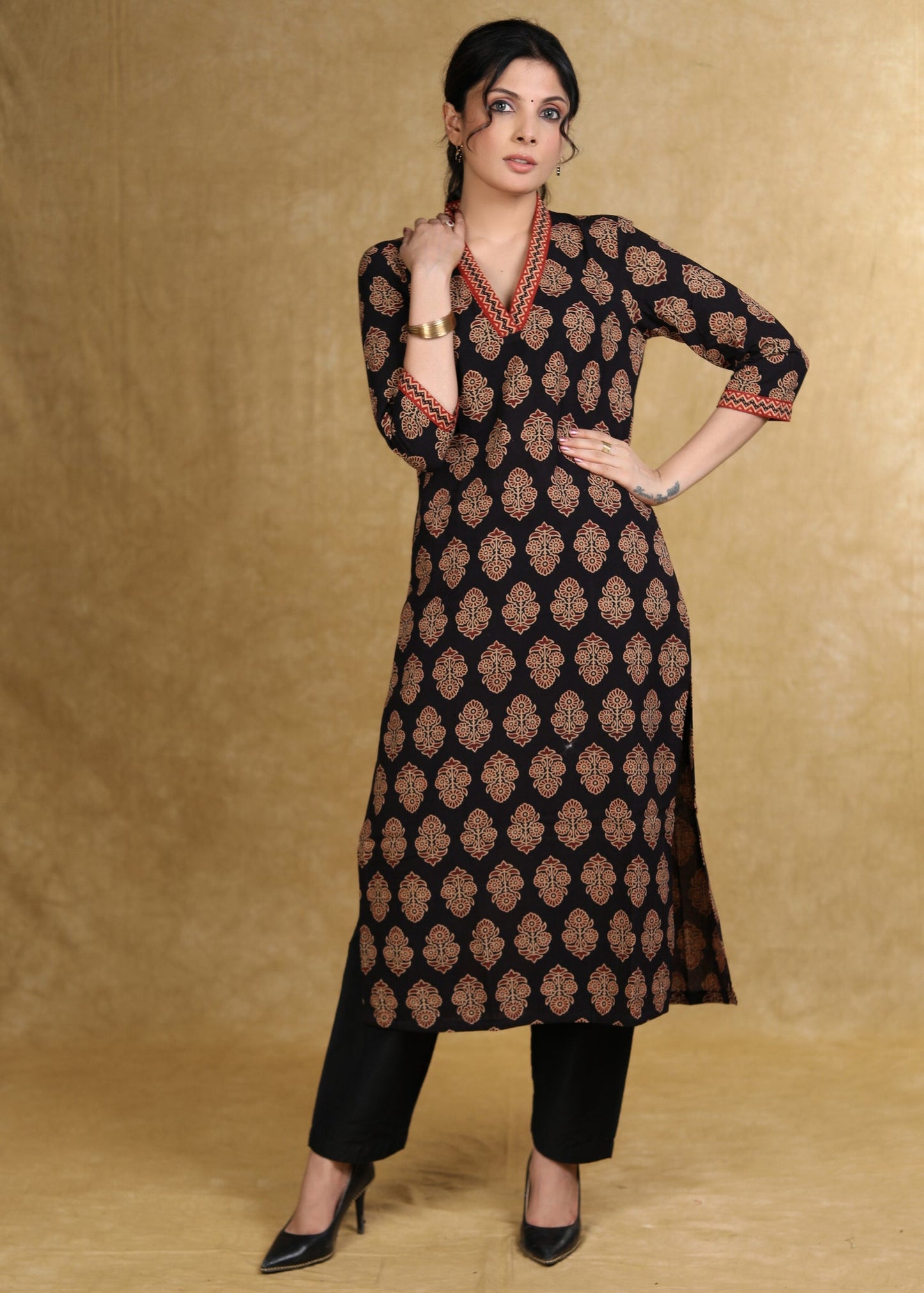 Black Floral Ajrakh V-Neck Kurta