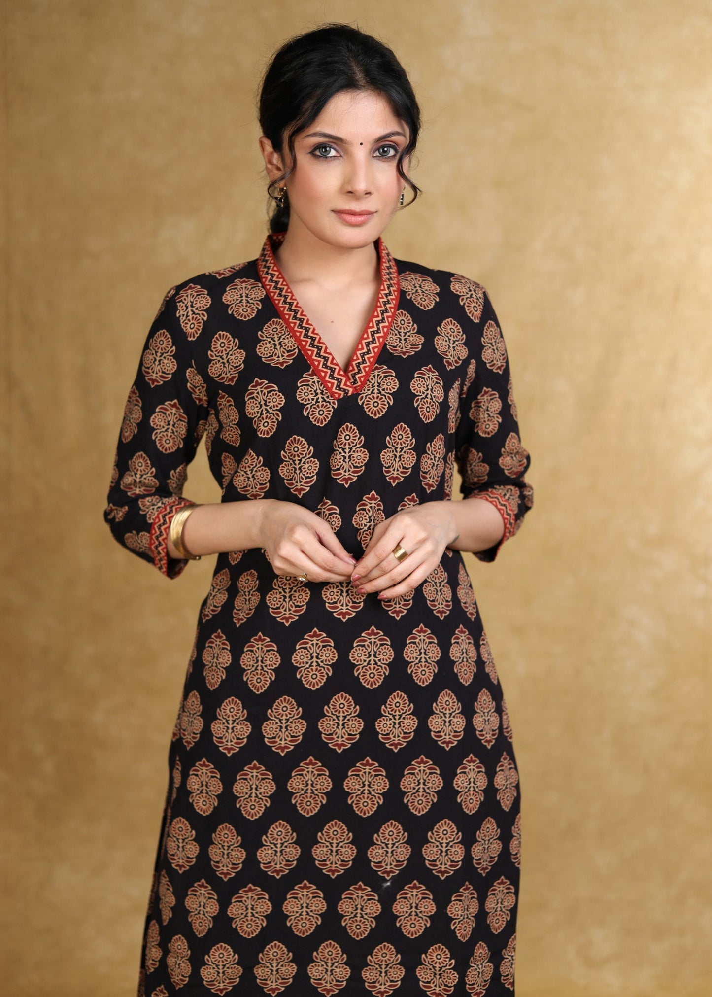 Black Floral Ajrakh V-Neck Kurta