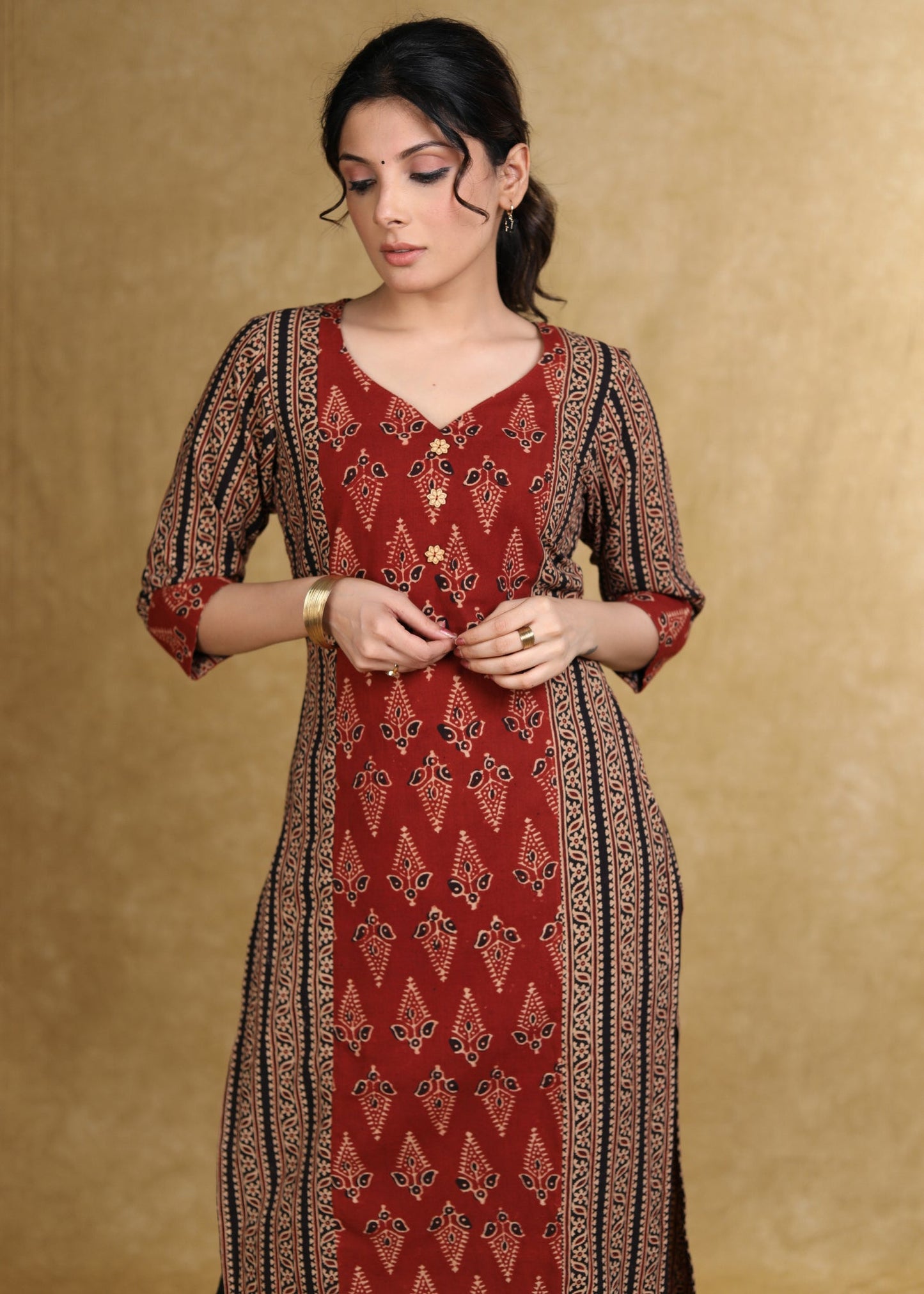 Smart Marron Black Cotton Ajrakh Combination Kurta