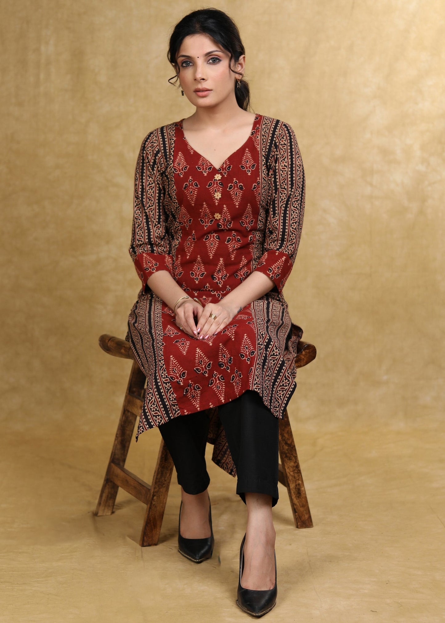 Smart Marron Black Cotton Ajrakh Combination Kurta
