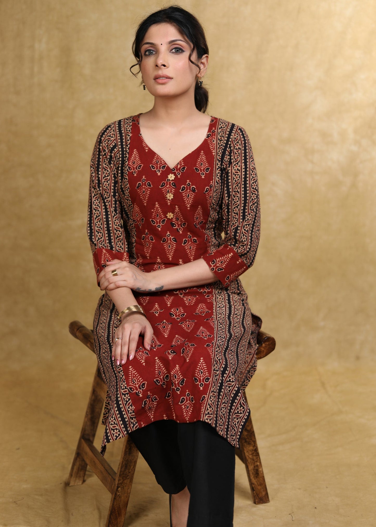 Smart Marron Black Cotton Ajrakh Combination Kurta