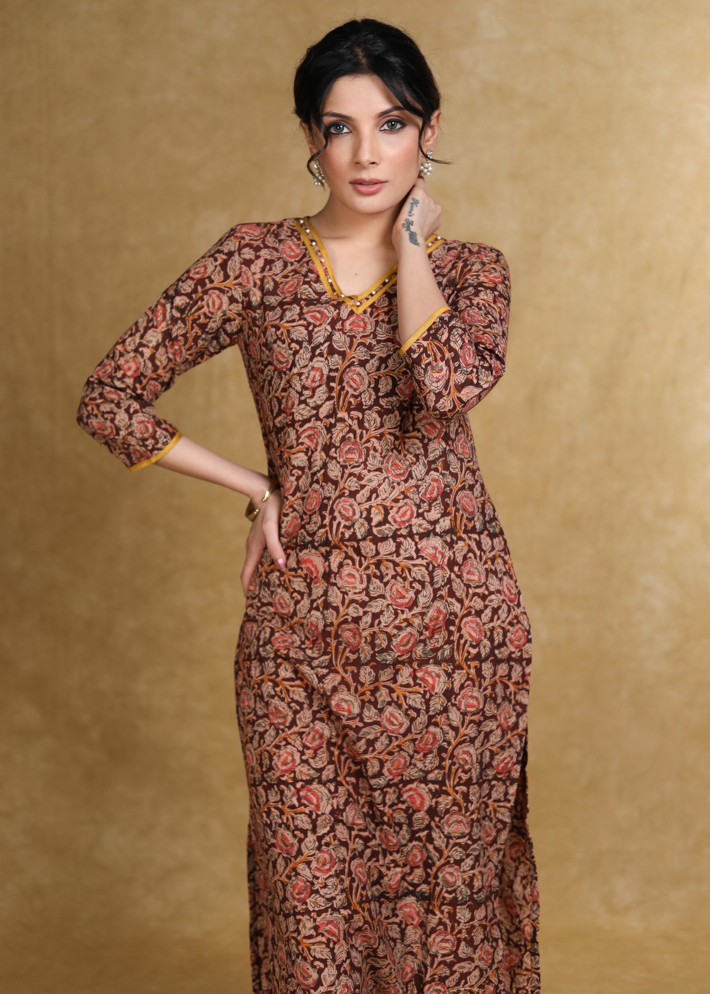 kalamkari dress neck designs Kalamkari Kurtis Kalamkari Churidar Design Pure Kalamkari Straight Cut Kurti With Pearls On The Neck
