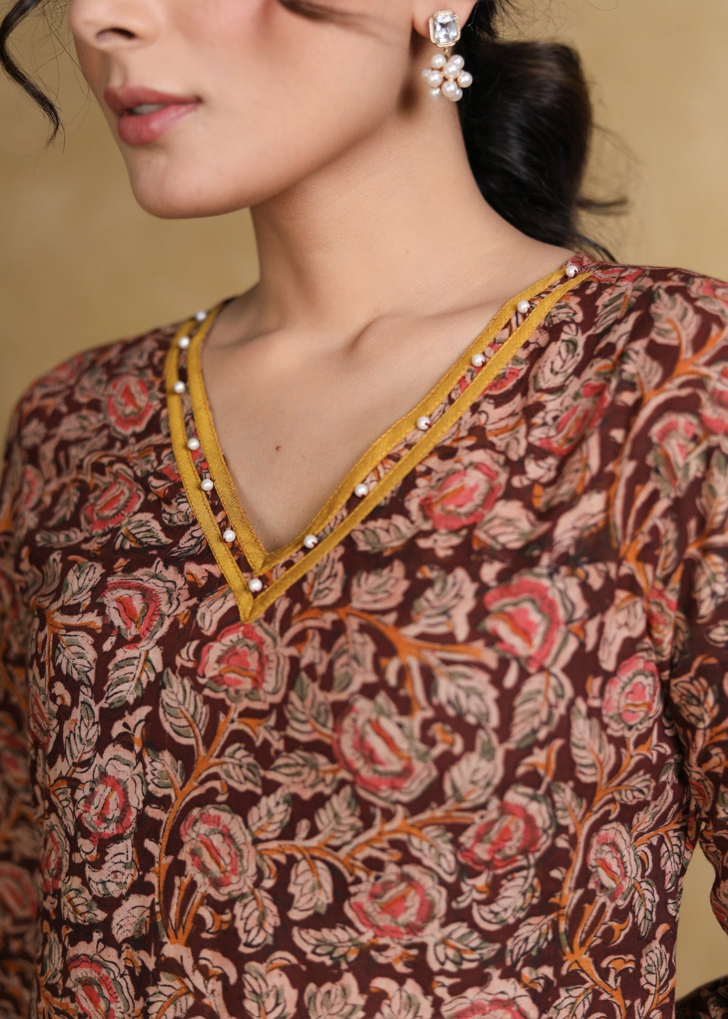 Pure Kalamkari Straight Cut Kurti with Pearls on the Neck