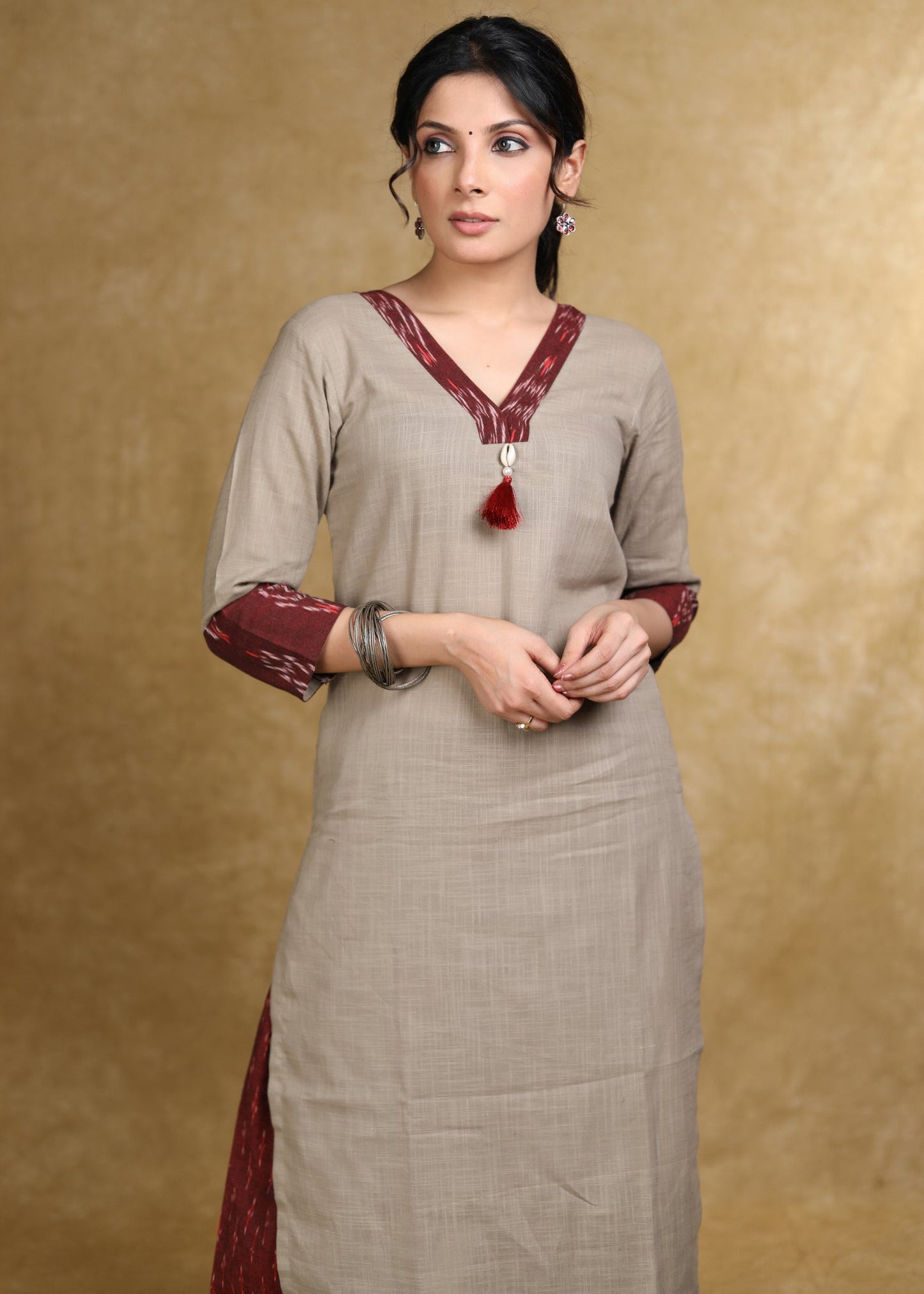 Smart Beige Kurta with Maroon Ikat Combination