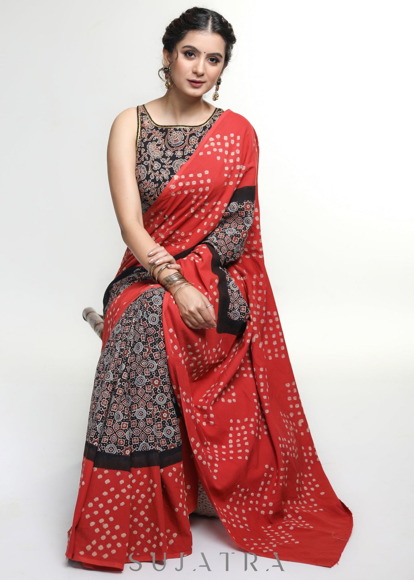Exclusive Orange Bandhej & Ajrakh combination cotton saree