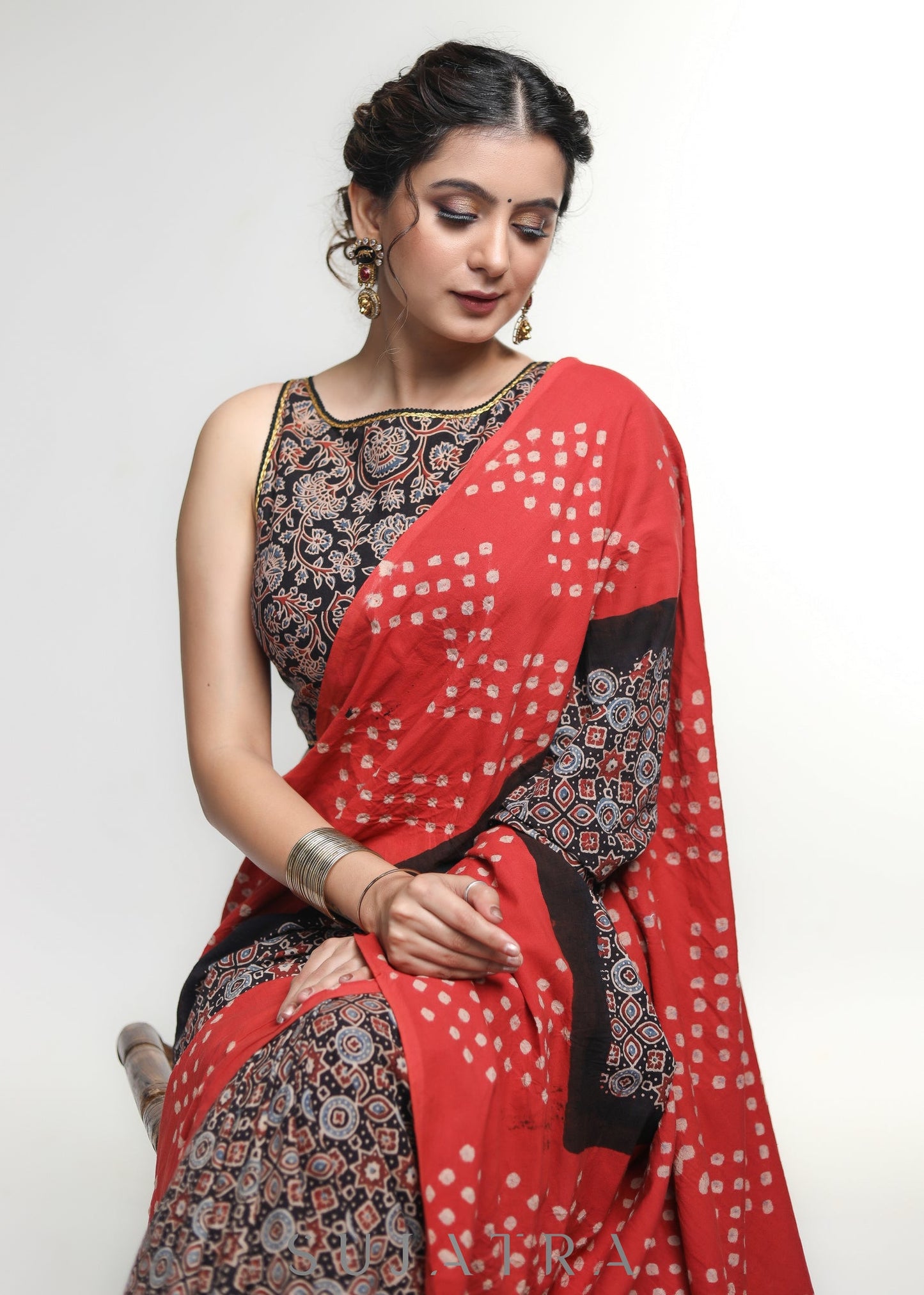 Exclusive Orange Bandhej & Ajrakh combination cotton saree