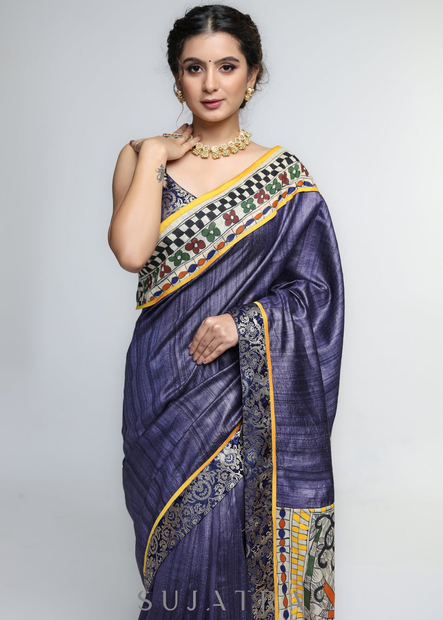 Designer Pure Ghicha Silk Saree with Kalamakari Palu & Banarasi Border