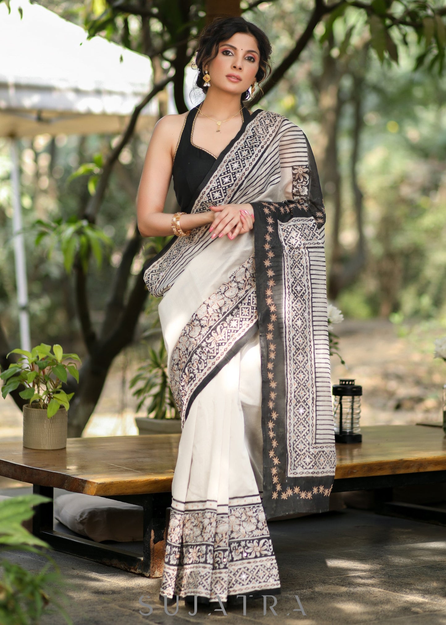 Stylish Off-white Chanderi Block Print Saree with Copper Hand work