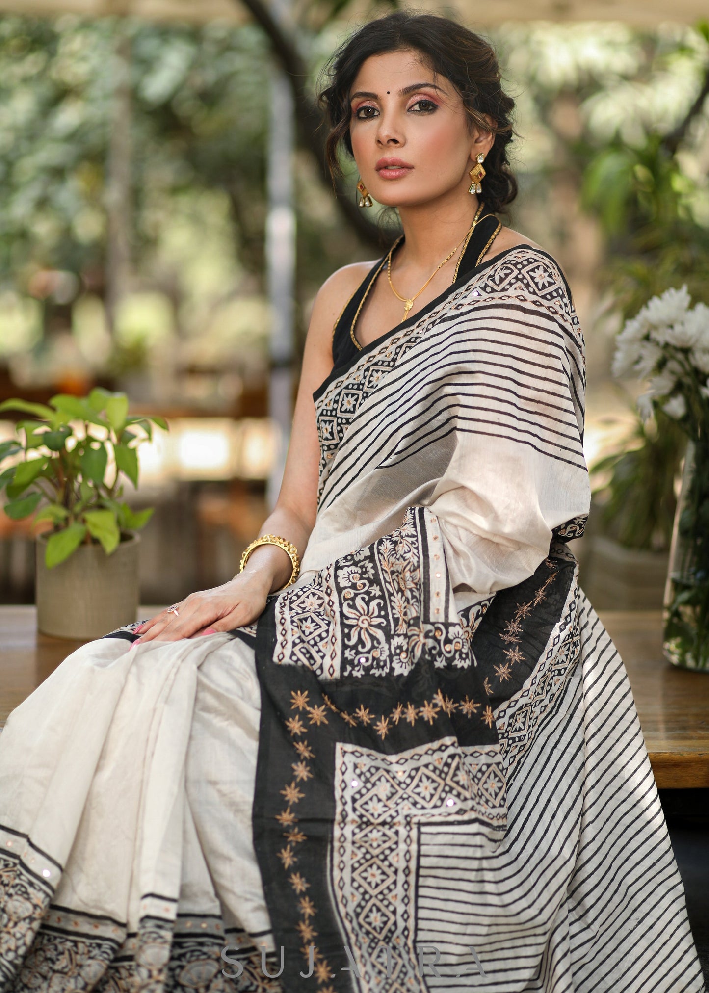 Stylish Off-white Chanderi Block Print Saree with Copper Hand work