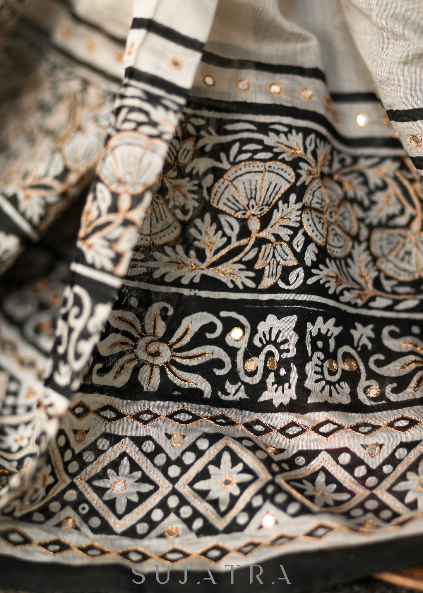 Stylish Off-white Chanderi Block Print Saree with Copper Hand work