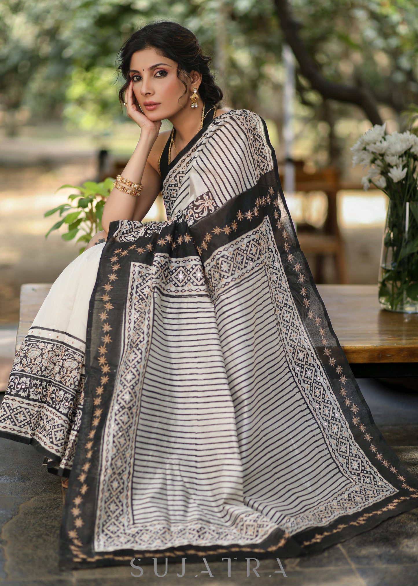 Stylish Off-white Chanderi Block Print Saree with Copper Hand work