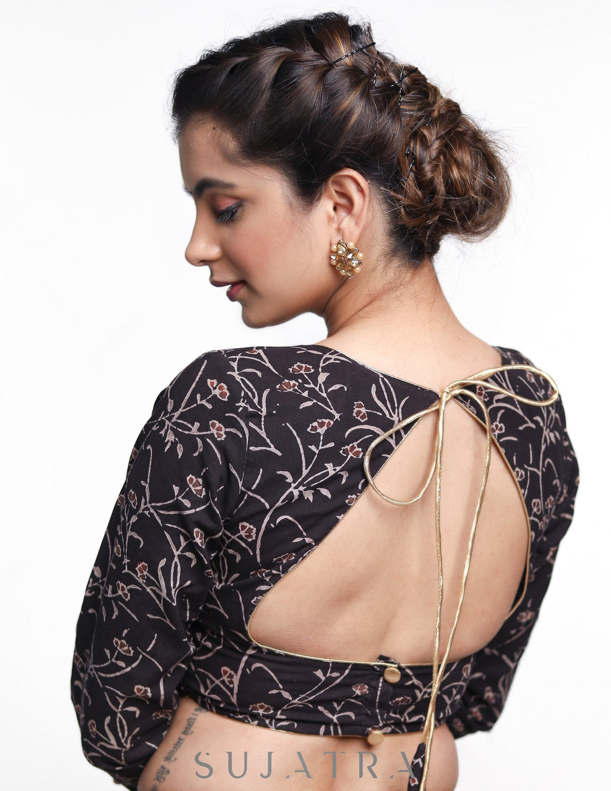 Chemisier en coton à manches longues, motif floral Ajrakh noir
