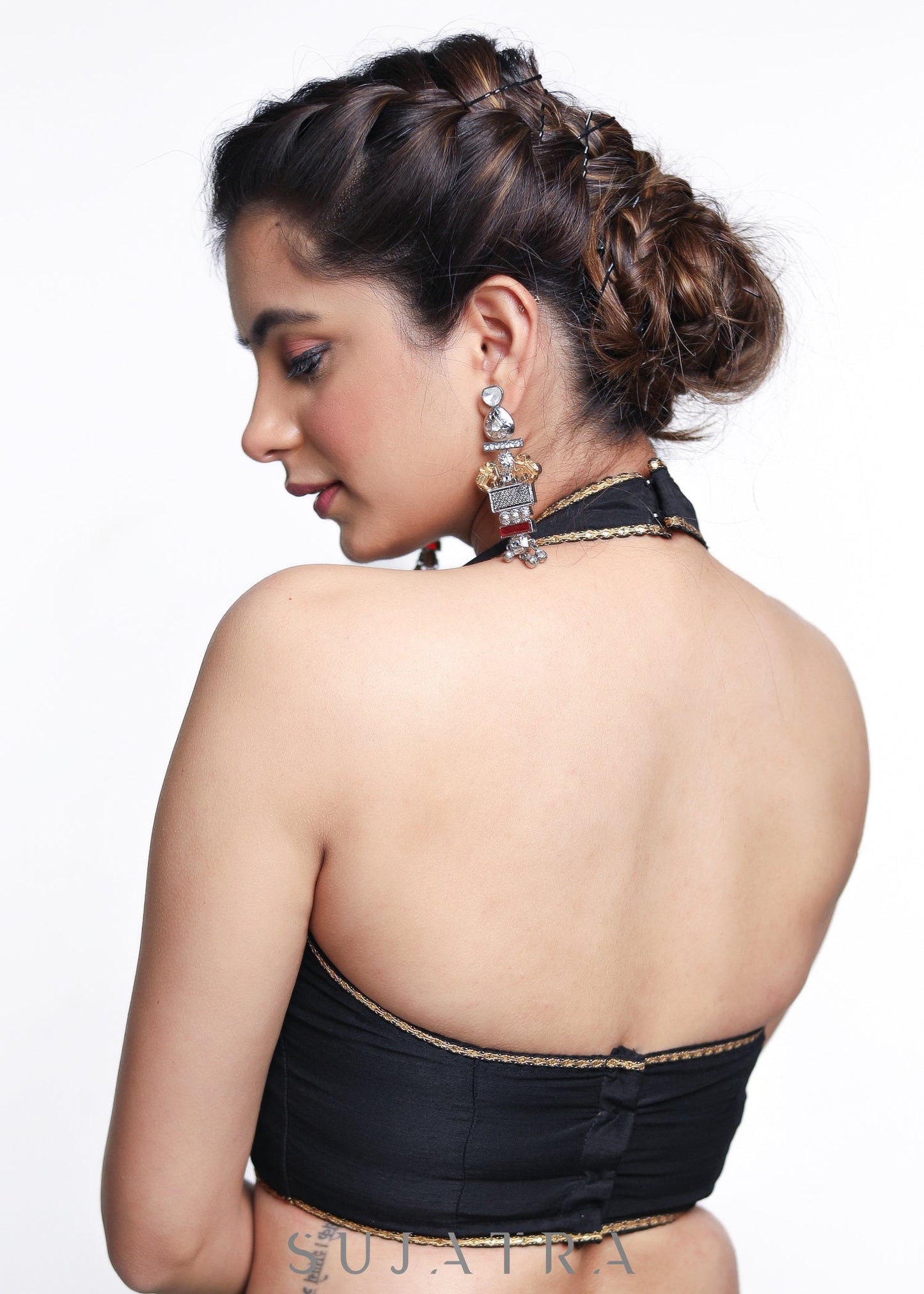 Black Halter Neck Cotton Silk Blouse