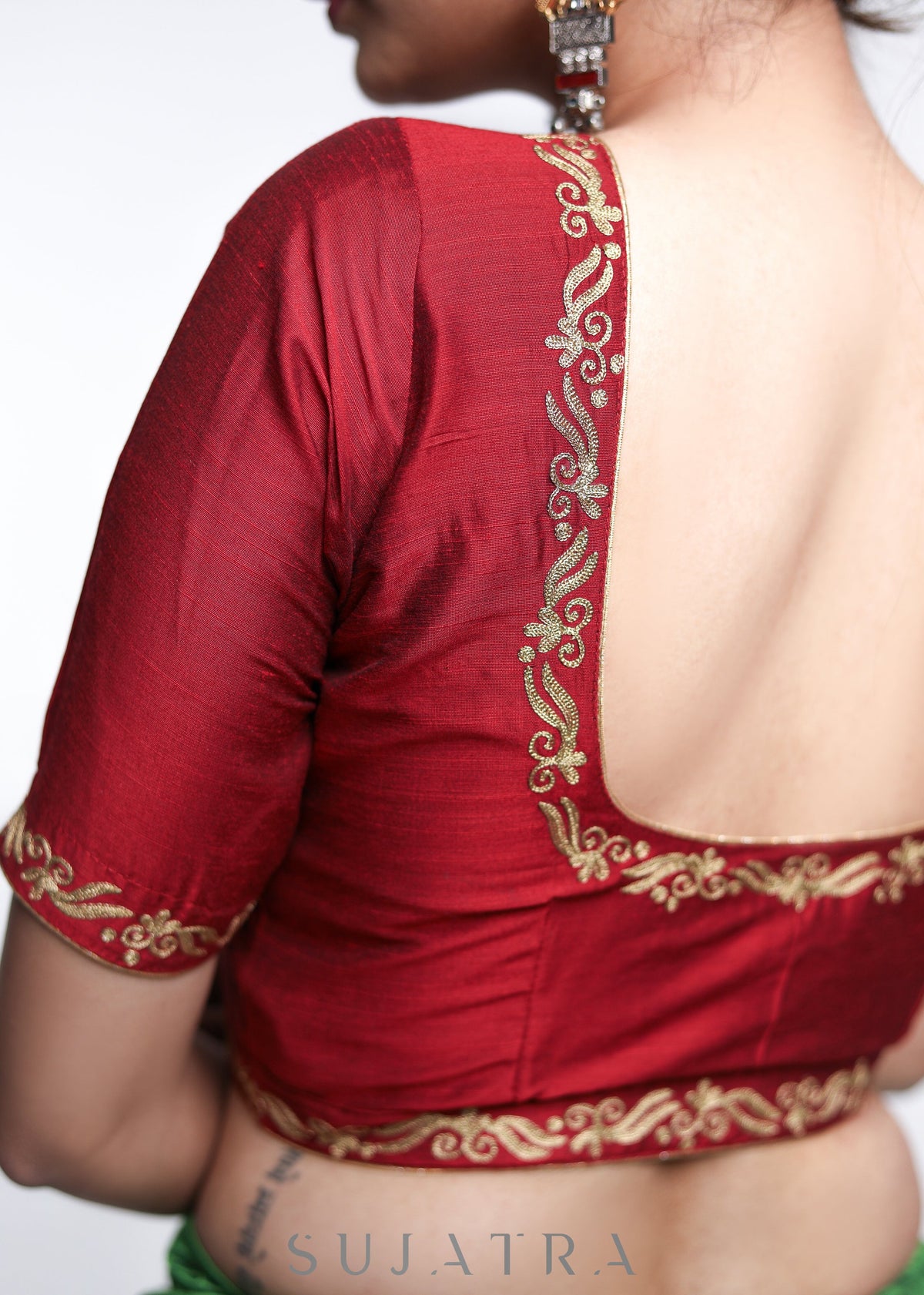 Blouse brodée en coton et soie marron