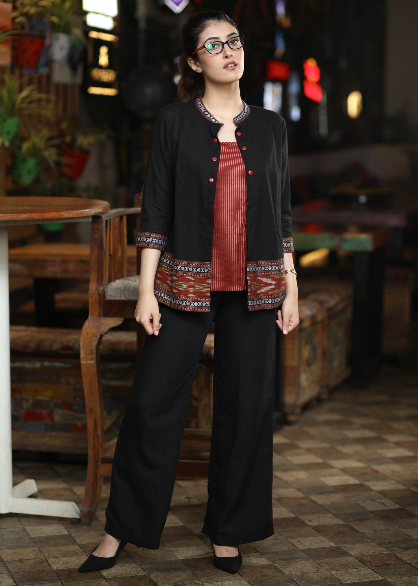 Smart Cotton Black Jacket With Ikat Border