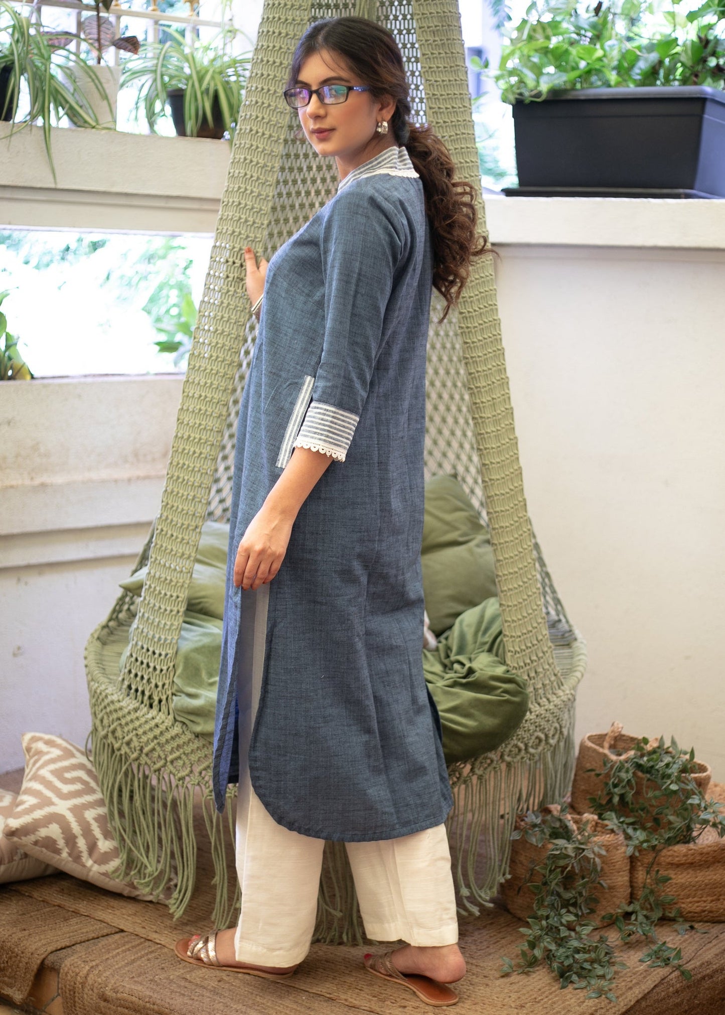 Beautiful Pure Cotton Cobalt Blue with Striped Star Collar Kurta - Pant Optional