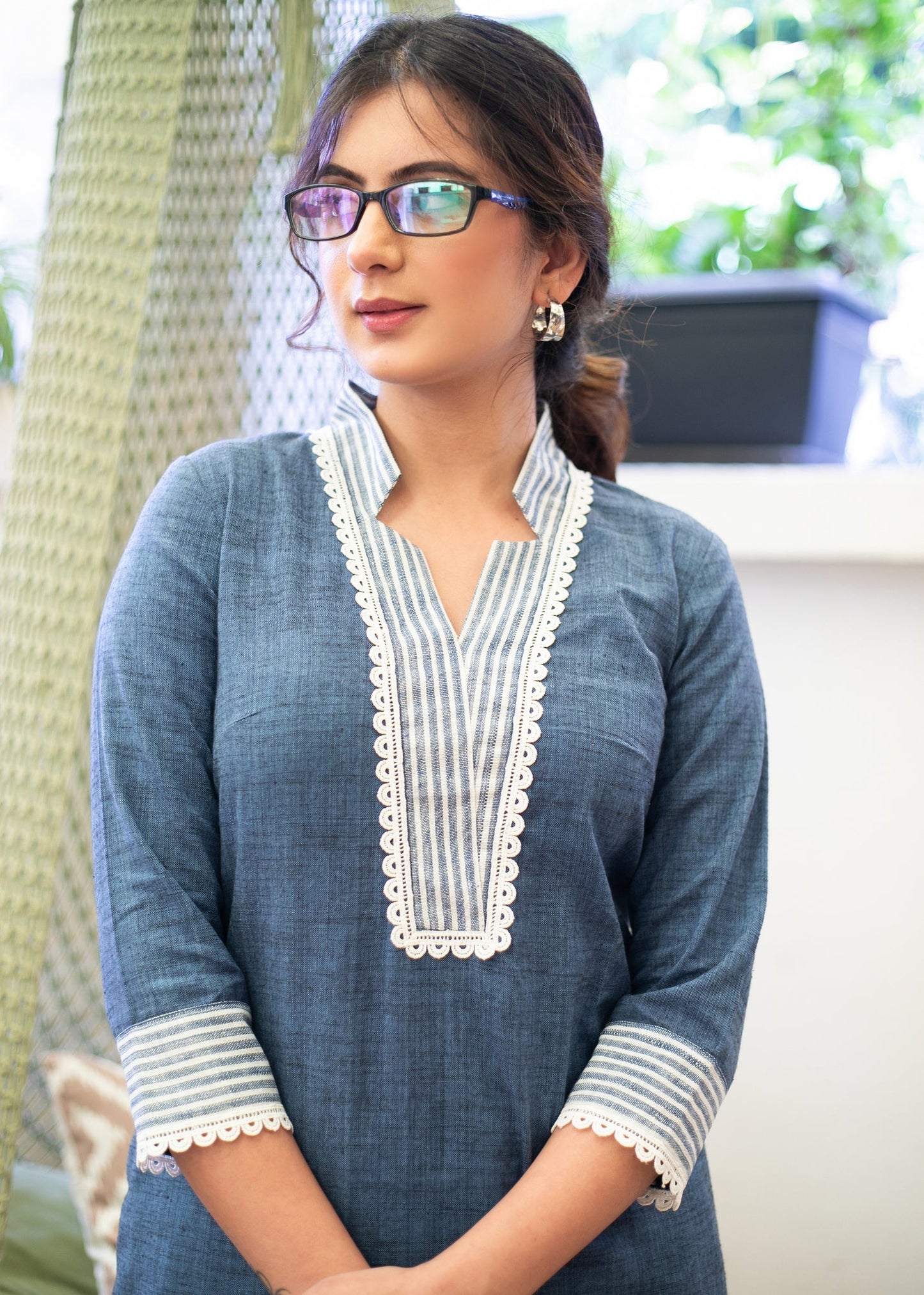 Beautiful Pure Cotton Cobalt Blue with Striped Star Collar Kurta - Pant Optional