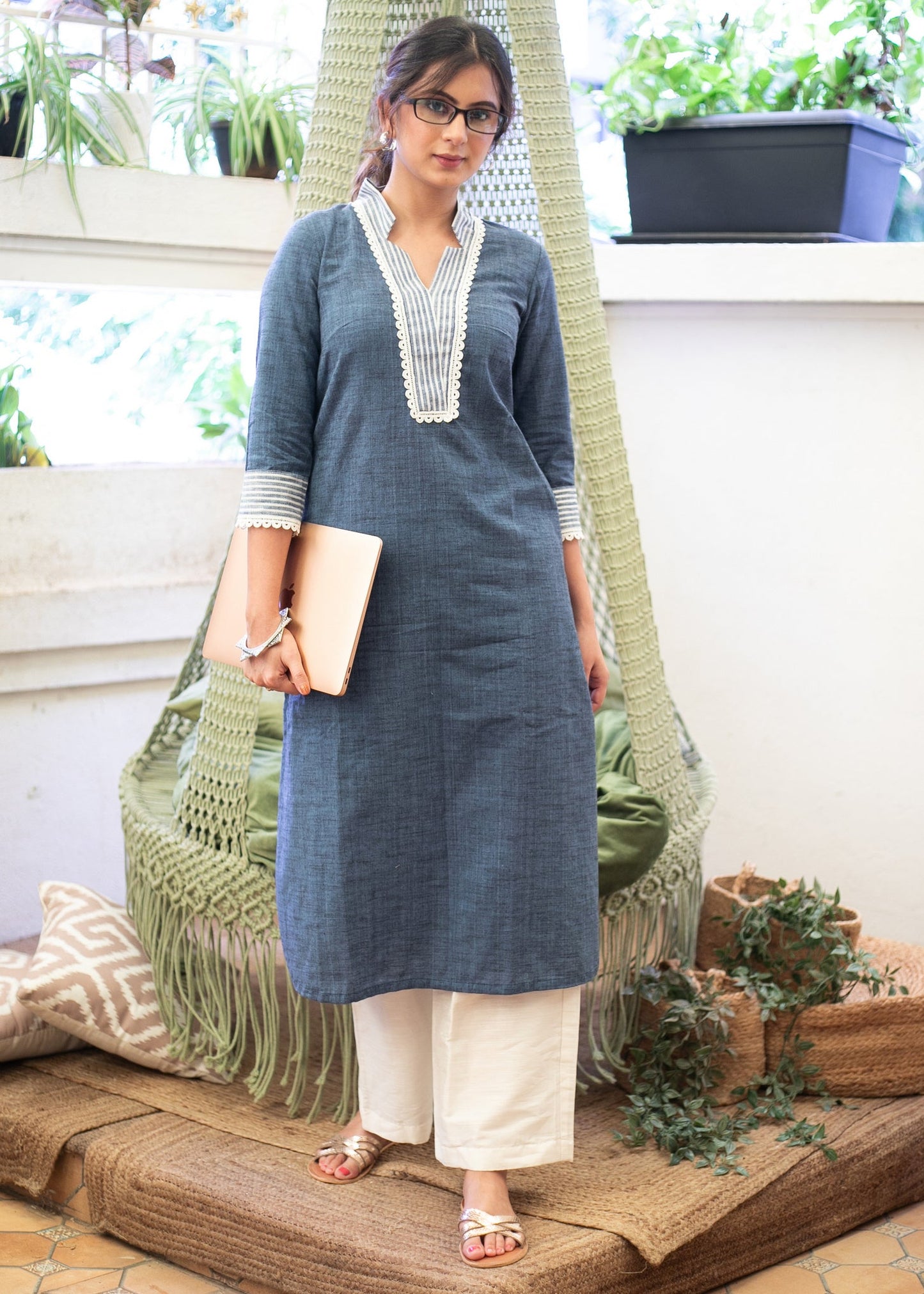 Beautiful Pure Cotton Cobalt Blue with Striped Star Collar Kurta - Pant Optional