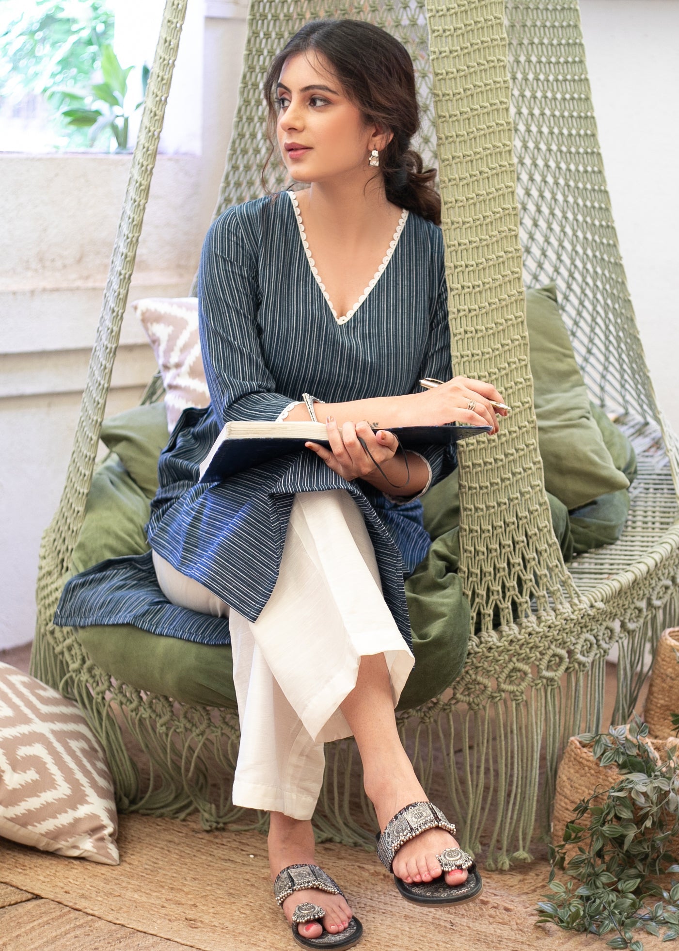 Smart Pure Cotton Navy Blue Striped Straight Cut Kurta Highlighted with Beautiful Lace - Pant Optional