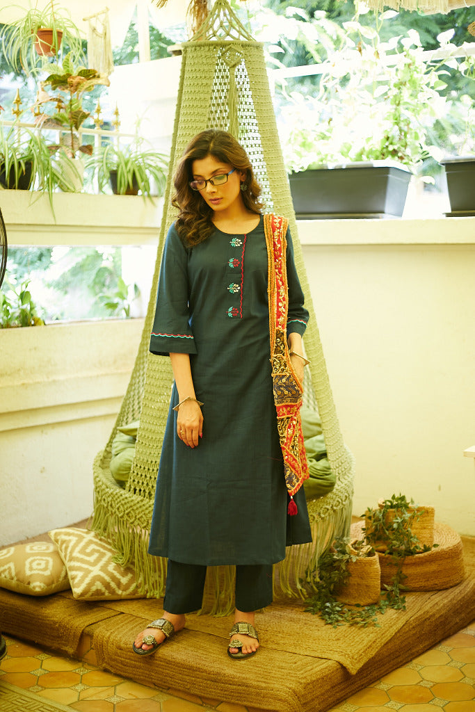Elegant Cotton Navy Blue Embroidered Kurta - Pant Optional