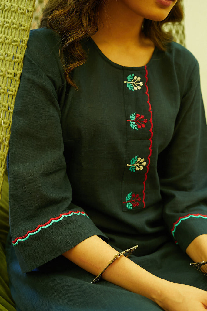 Elegant Cotton Navy Blue Embroidered Kurta - Pant Optional