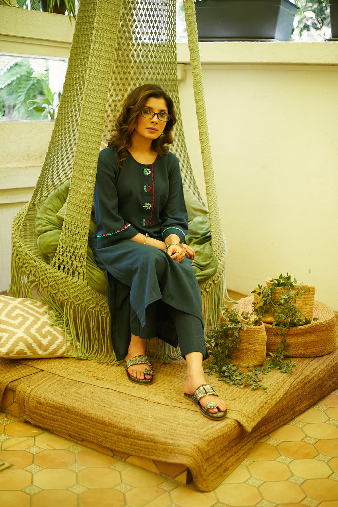 Elegant Cotton Navy Blue Embroidered Kurta - Pant Optional