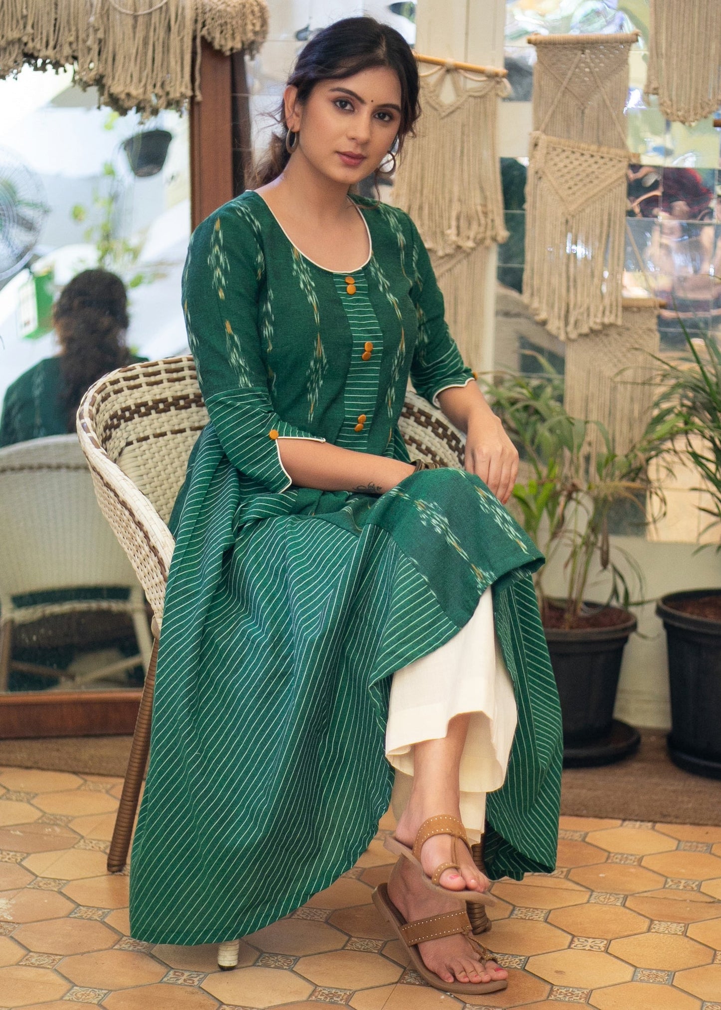 Classy Cotton Green Ikat A-Line Kurta - Pant Optional