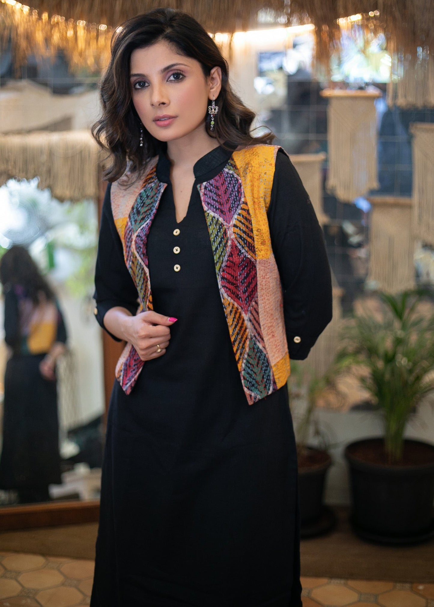 Must Have Black Cotton Kurta with Multicolor Cotton Silk Kantha Short Jacket - Pant Optional