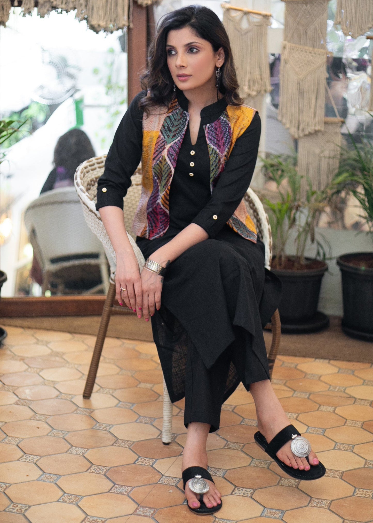 Must Have Black Cotton Kurta with Multicolor Cotton Silk Kantha Short Jacket - Pant Optional