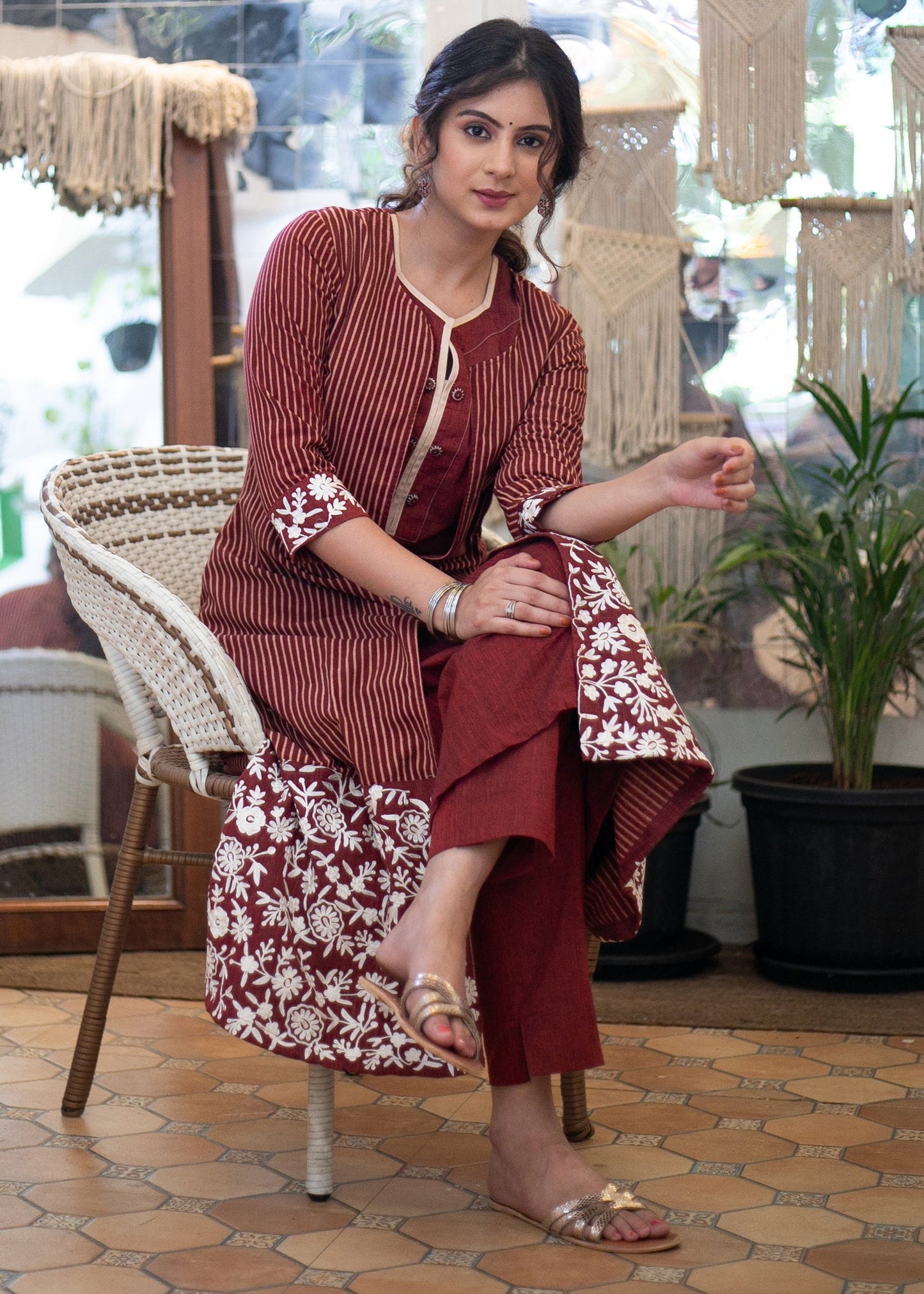 Classy Cotton Maroon Striped Ajrakh Long Shrug with Heavy Embroidery