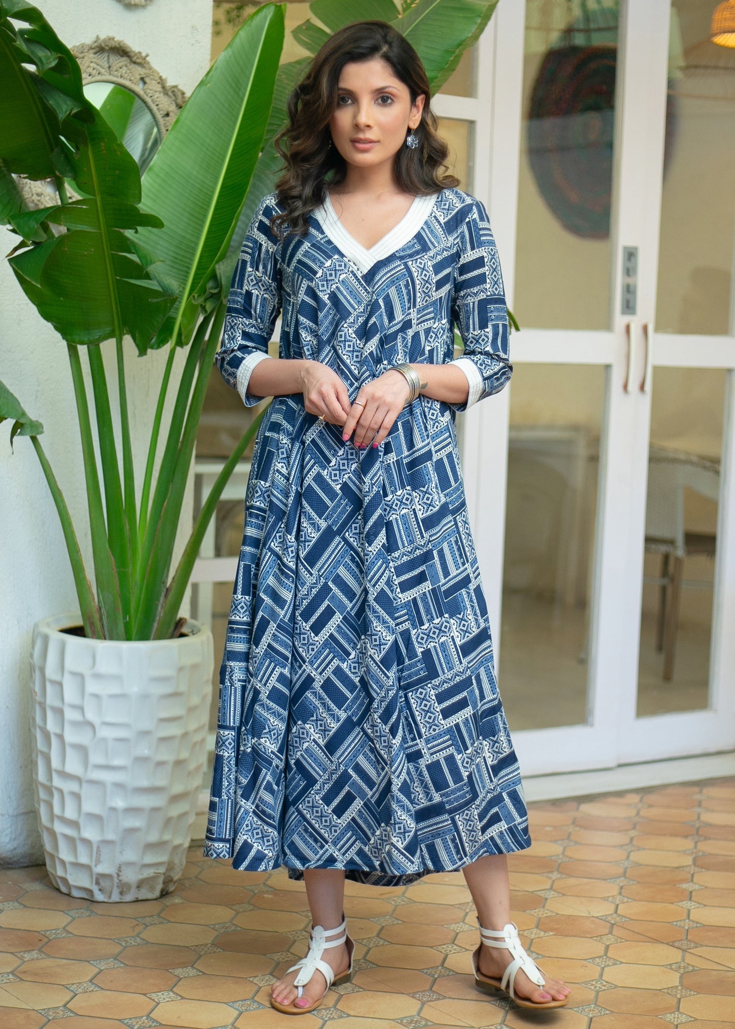 A Line Navy Blue Printed Embroidered V Neck Kurta / One Piece Dress A Line Navy Blue Printed Embroidered V Neck Kurta / One Piece Dress