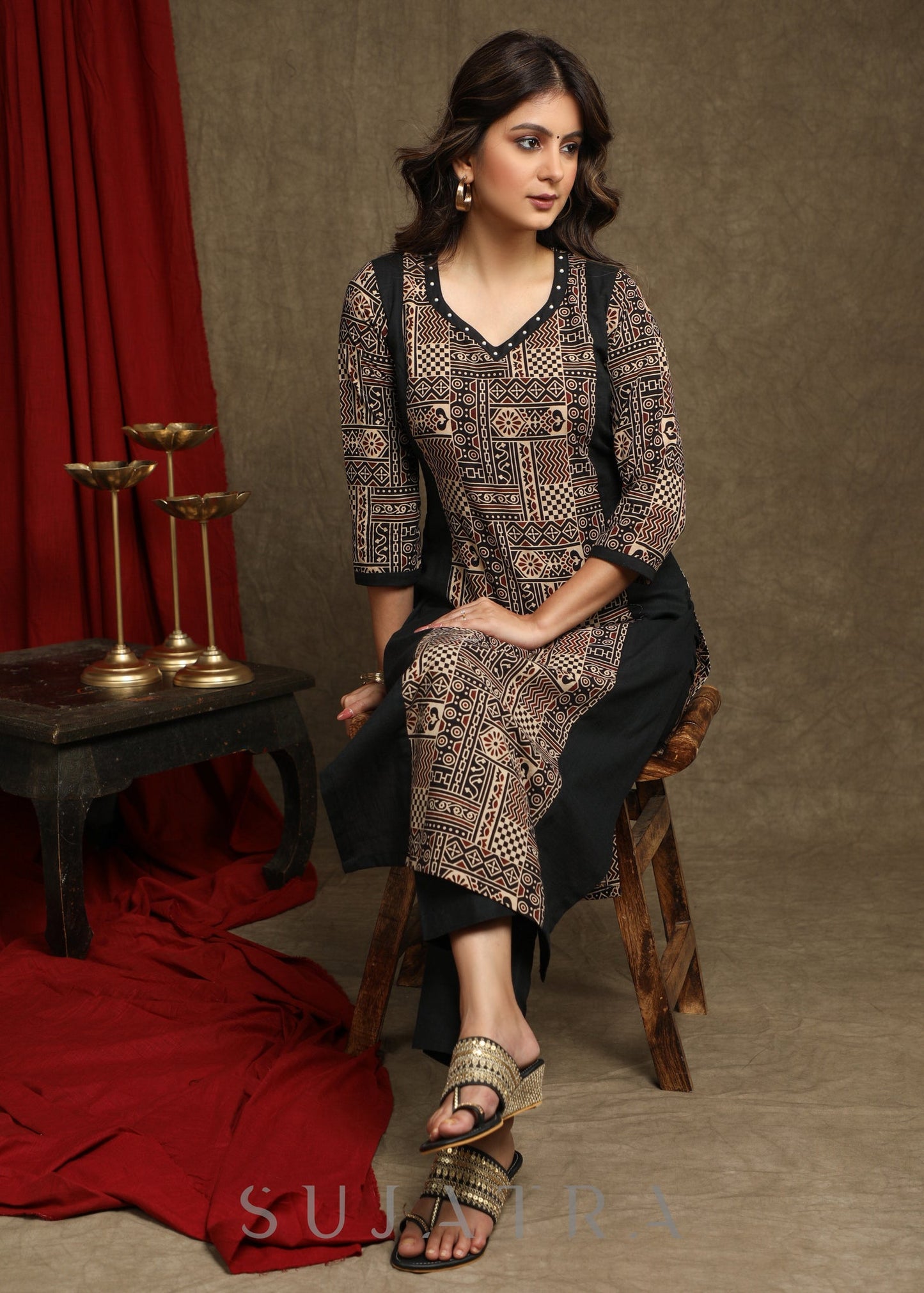 Elegant Black Ajrakh Combination Kurta With Beautiful Pearl Highlighting - Pant Optional