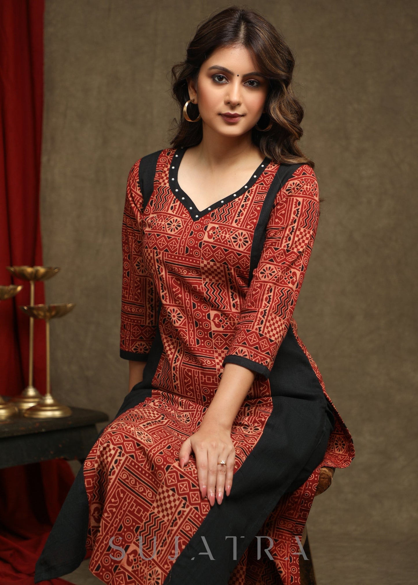 Elegant Maroon Ajrakh Combination Kurta With Beautiful Pearl Highlighting - Pant Optional
