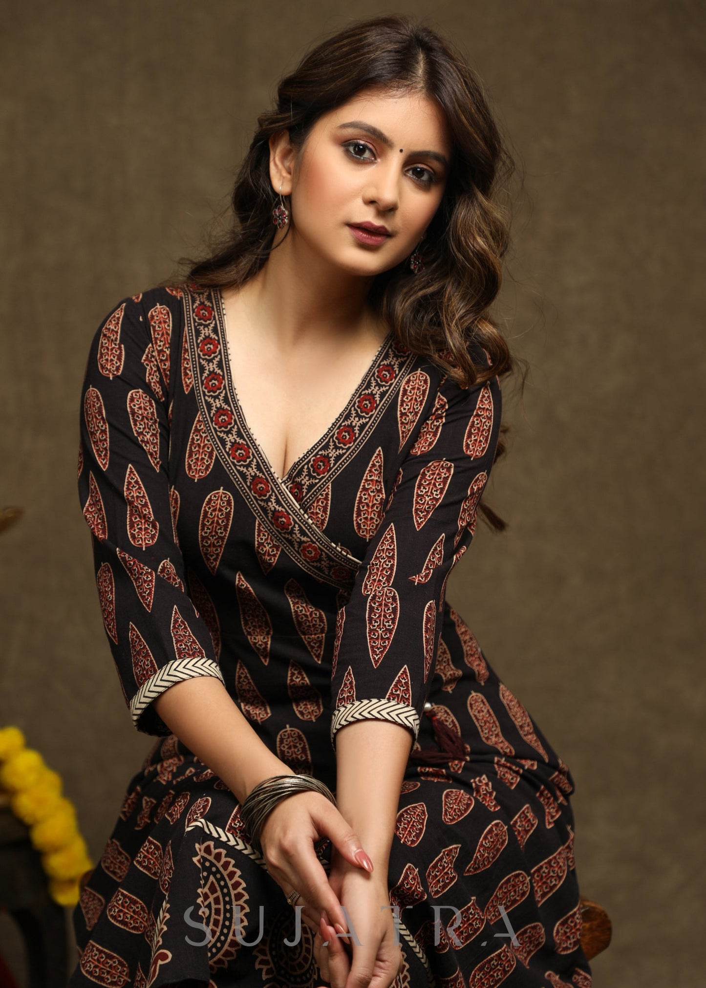 Stylish Black Cotton Ajrakh Combination Crossover Kurta - Pant Optionbal