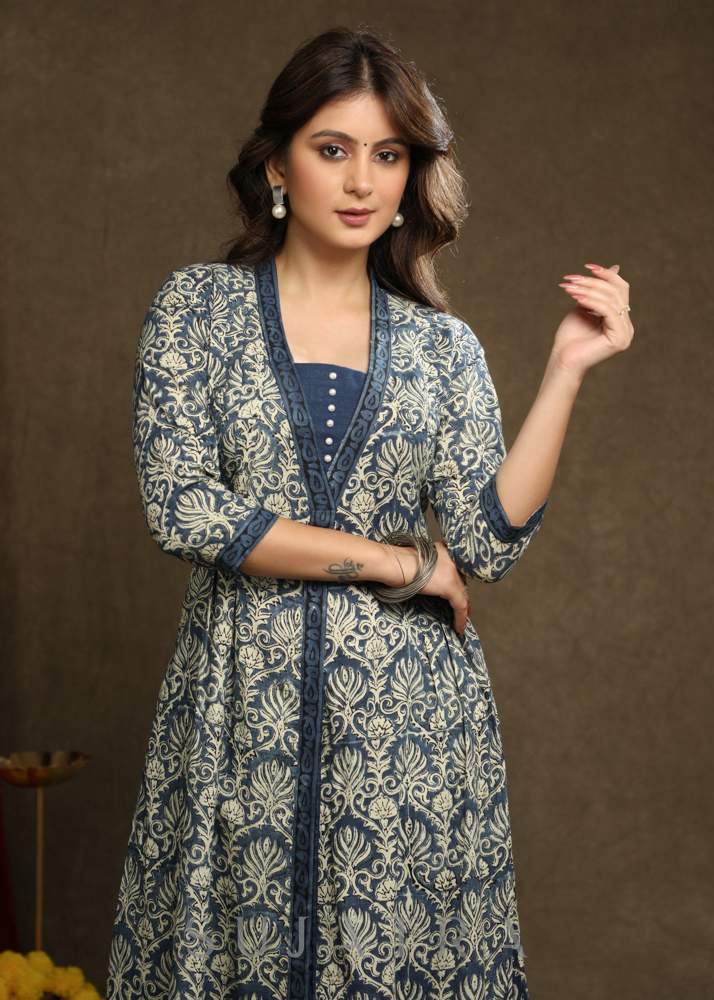 Smart Navy Blue Floral A-Line Jacket Style Kurta With Pearl Highlights - Pant Optional