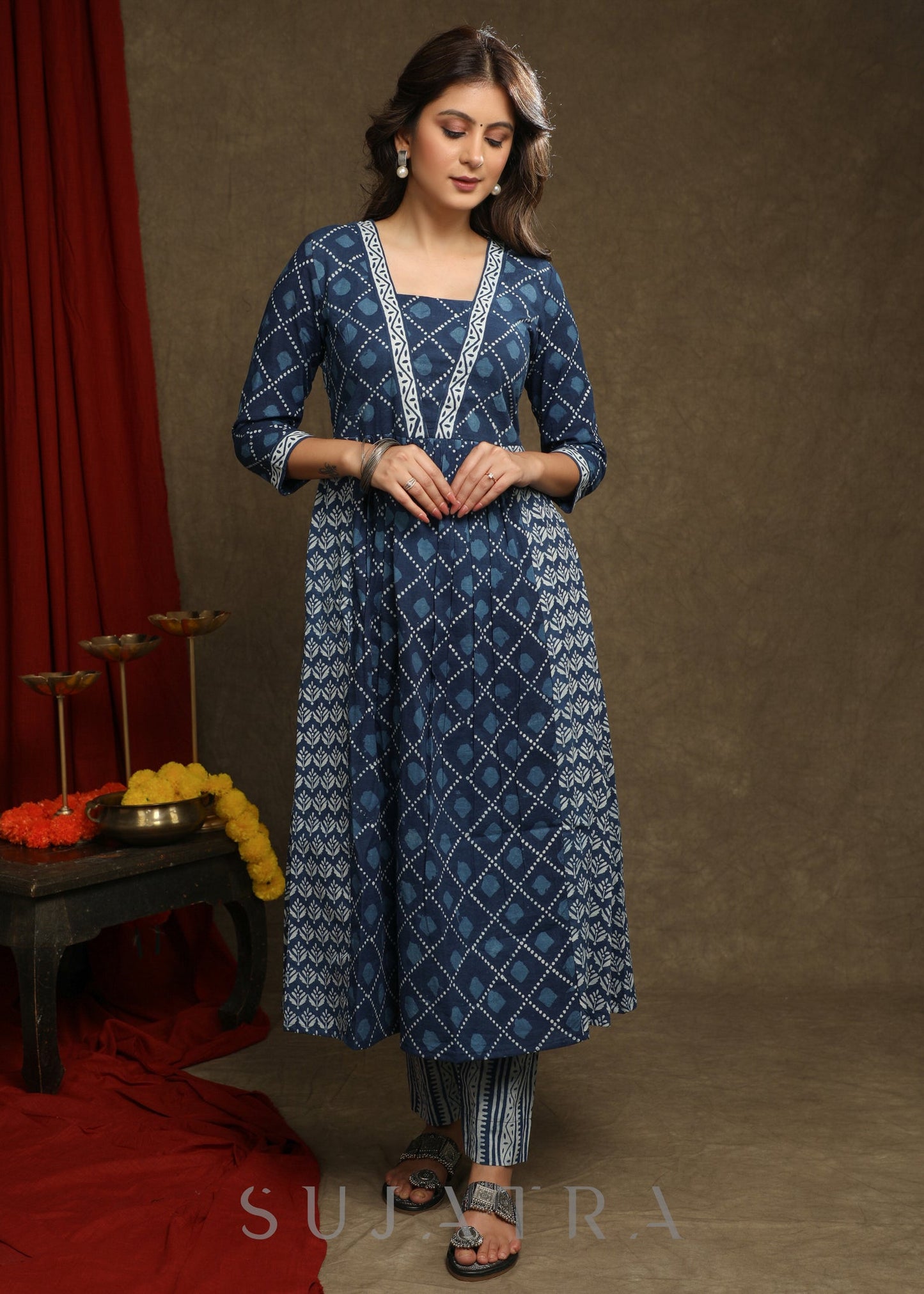 Trendy Indigo Combination A-Line Kurta - Pant Optional