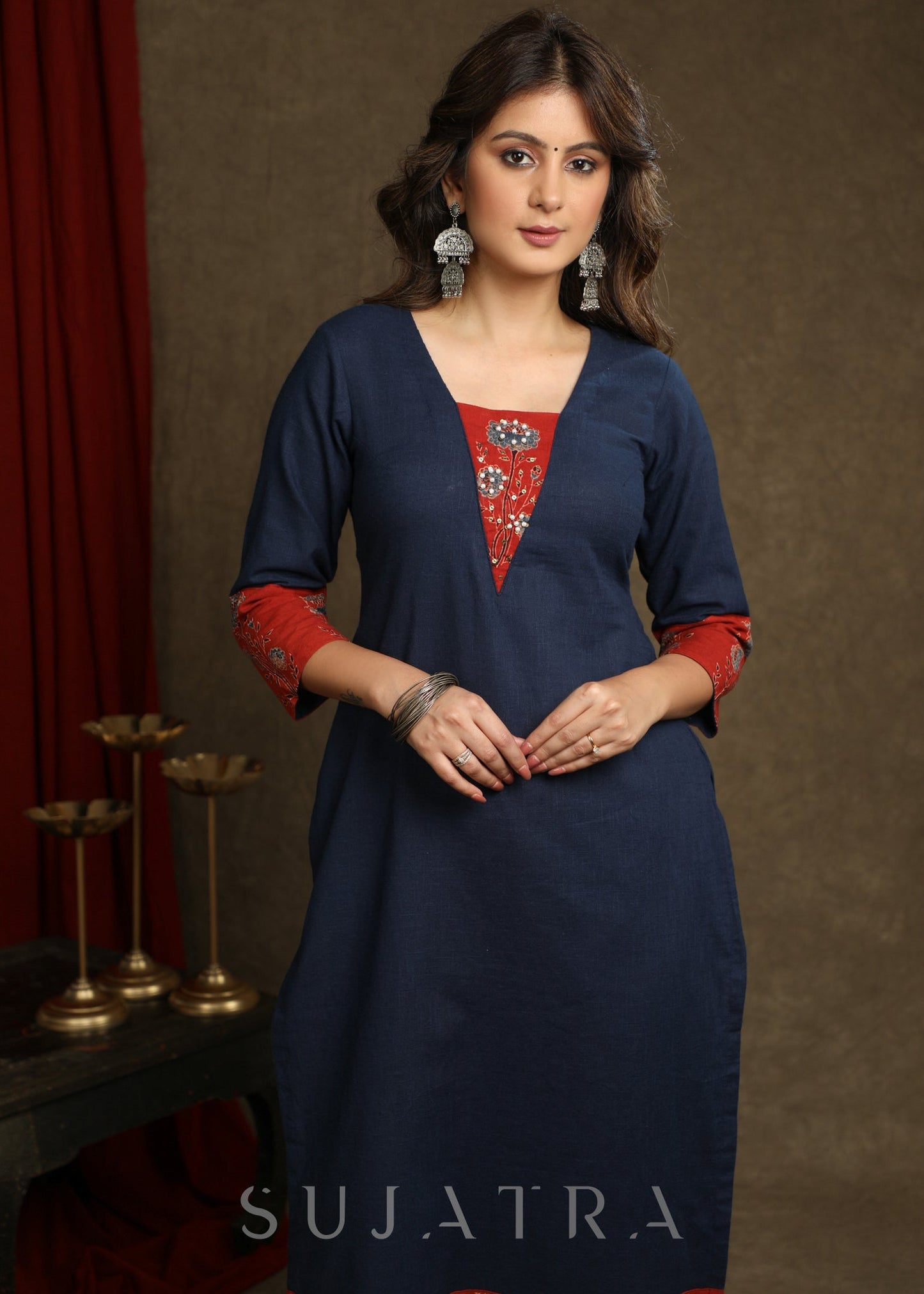 Smart Navy Blue Cotton Ajrakh Combination Kurta With Pearl Embellishments - Pant Optional