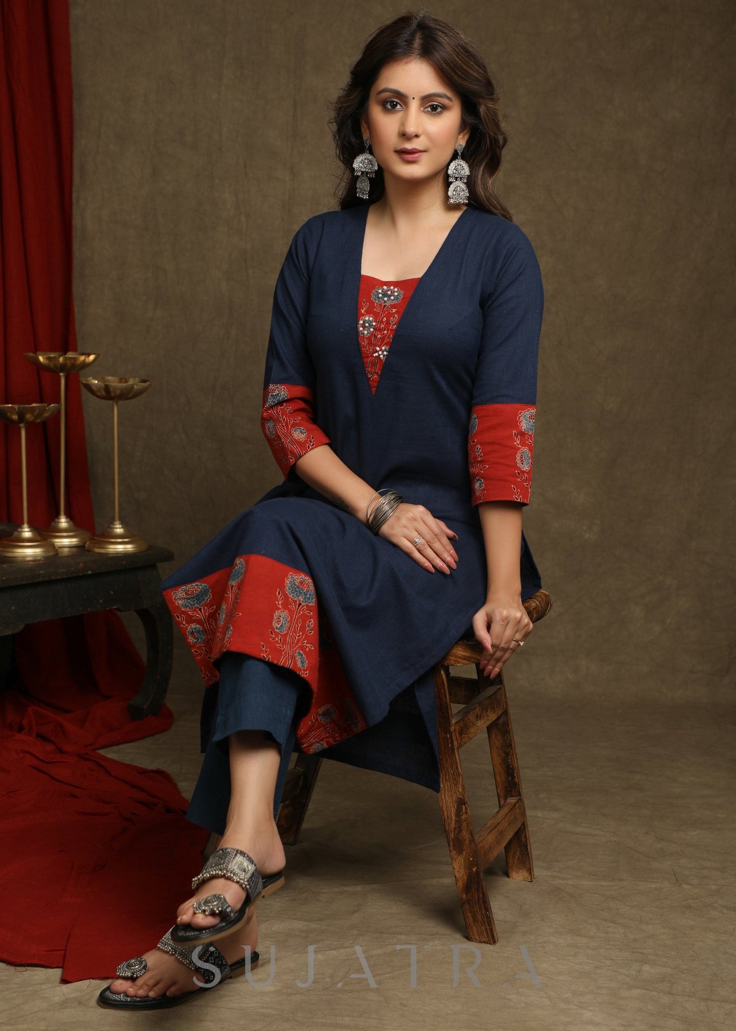 Smart Navy Blue Cotton Ajrakh Combination Kurta With Pearl Embellishments - Pant Optional